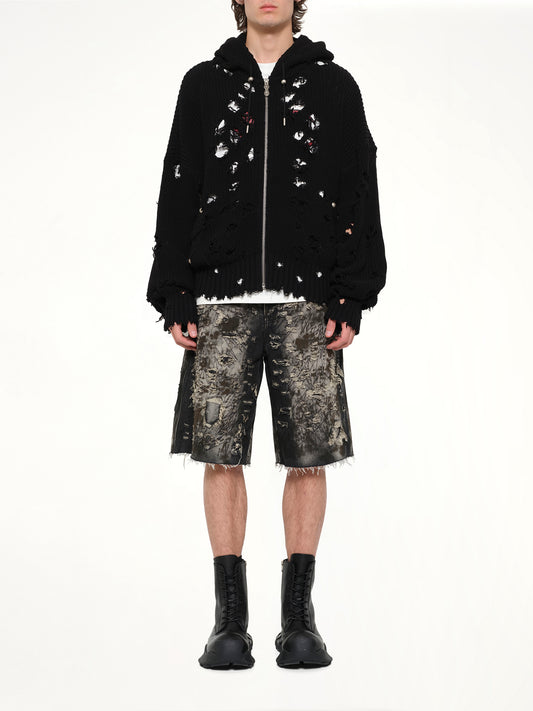 TC Destroyed Knit Zip-Up Hoodie in Black