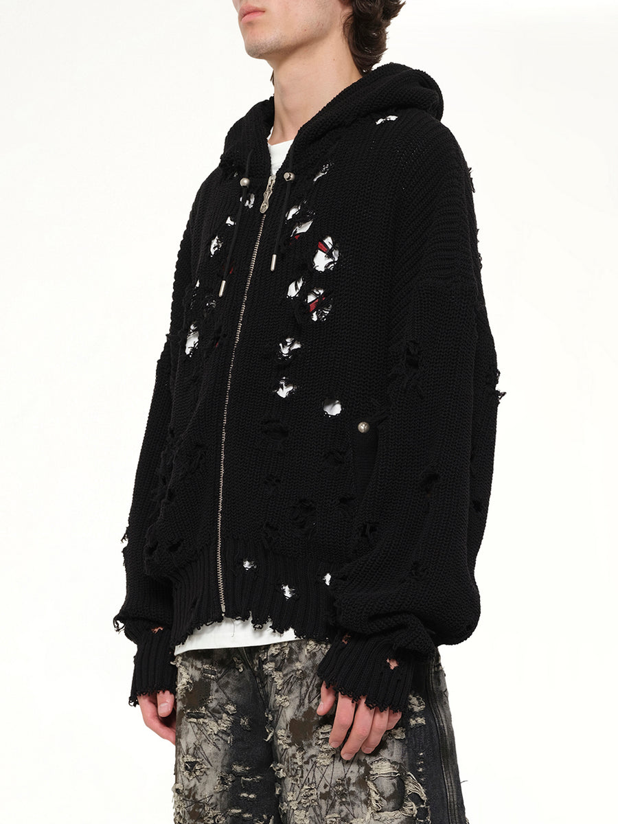 TC Destroyed Knit Zip-Up Hoodie in Black