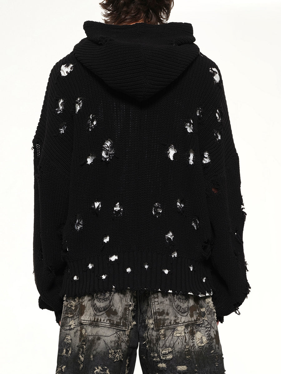 TC Destroyed Knit Zip-Up Hoodie in Black