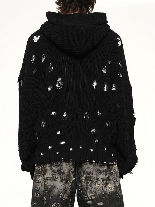 TC Destroyed Knit Zip-Up Hoodie in Black