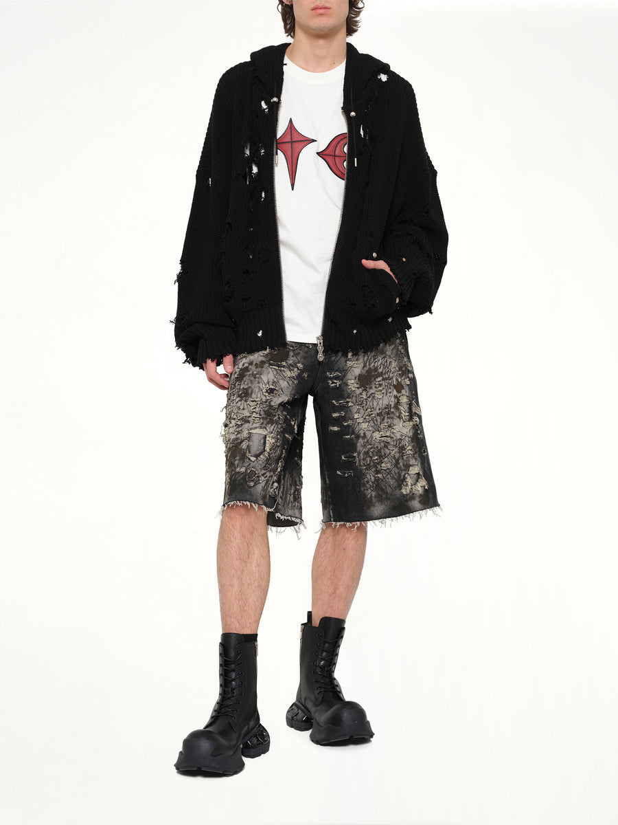 TC Destroyed Knit Zip-Up Hoodie in Black