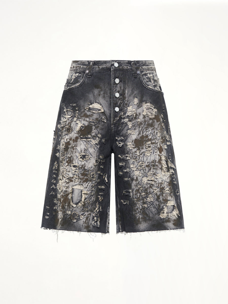 Hard Washed Destroyed Denim Shorts in Black