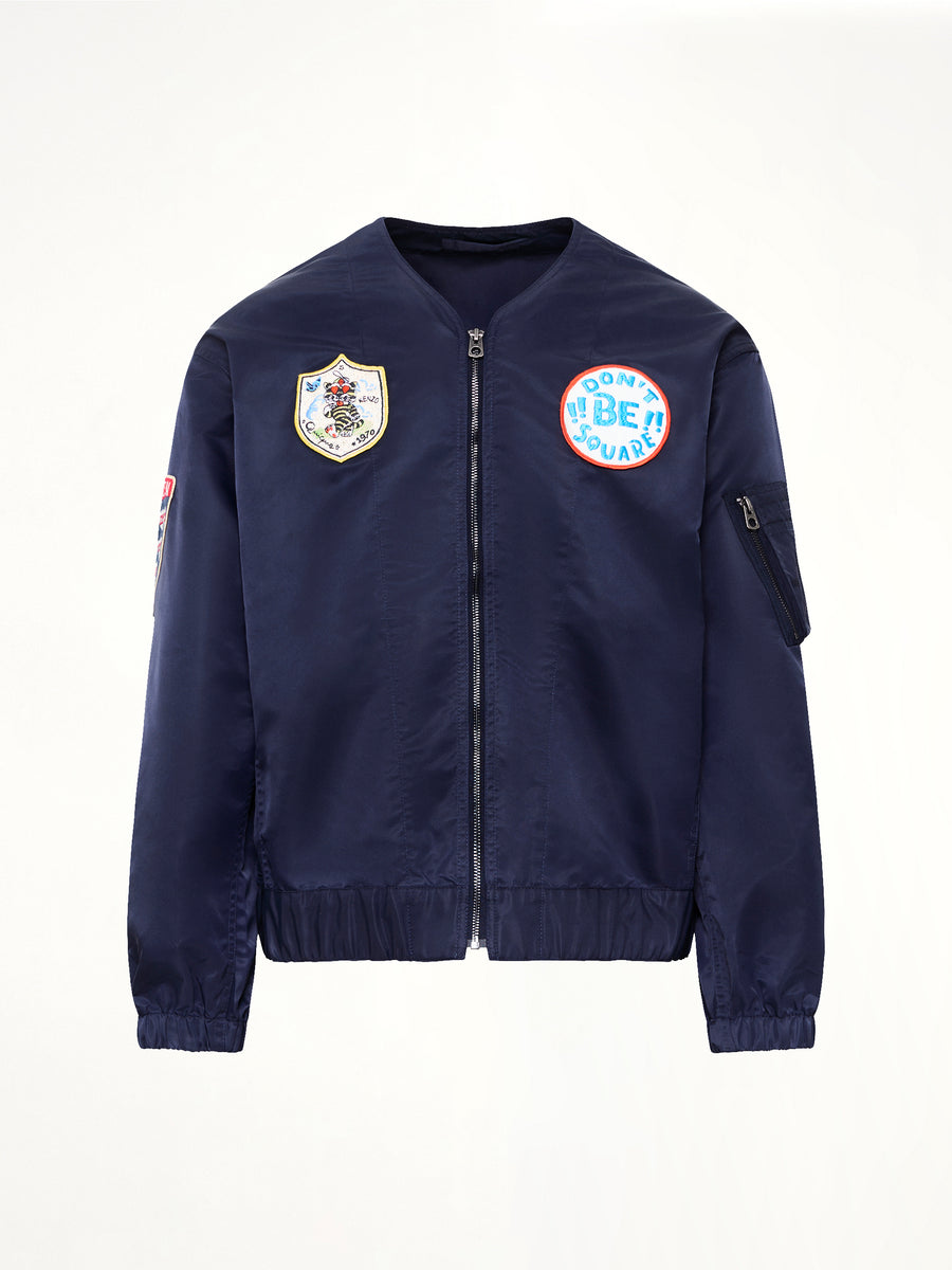 Kenzo Badges Collarless Bomber in Navy Blue