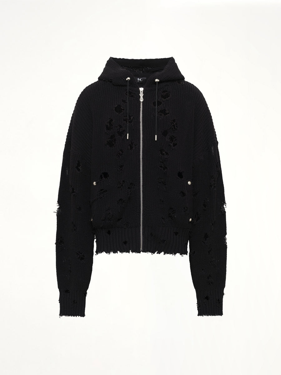 TC Destroyed Knit Zip-Up Hoodie in Black