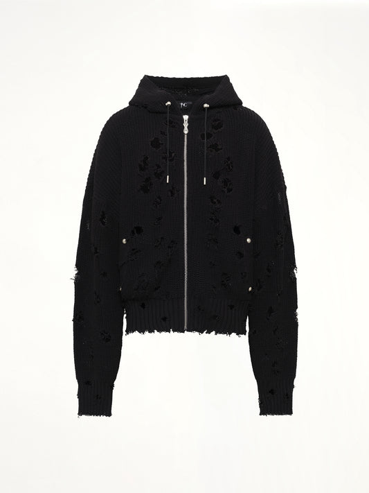 TC Destroyed Knit Zip-Up Hoodie in Black
