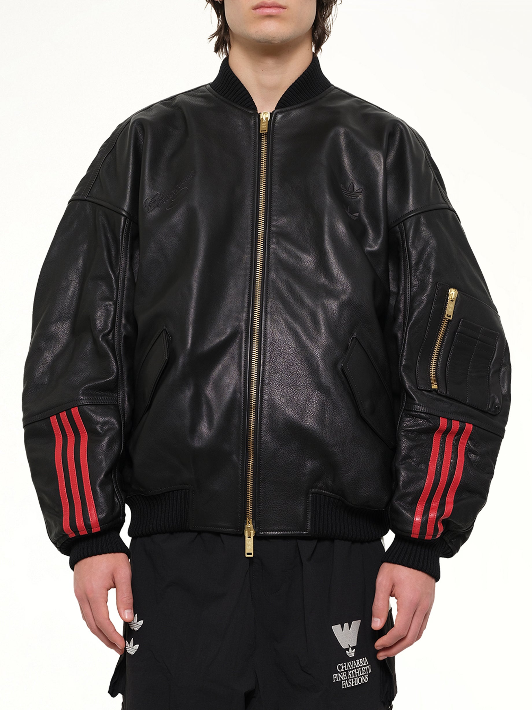 WILLY CHAVARRIA Adidas X Chavarria Leather Bomber Jacket in Black Front View from MARAIS