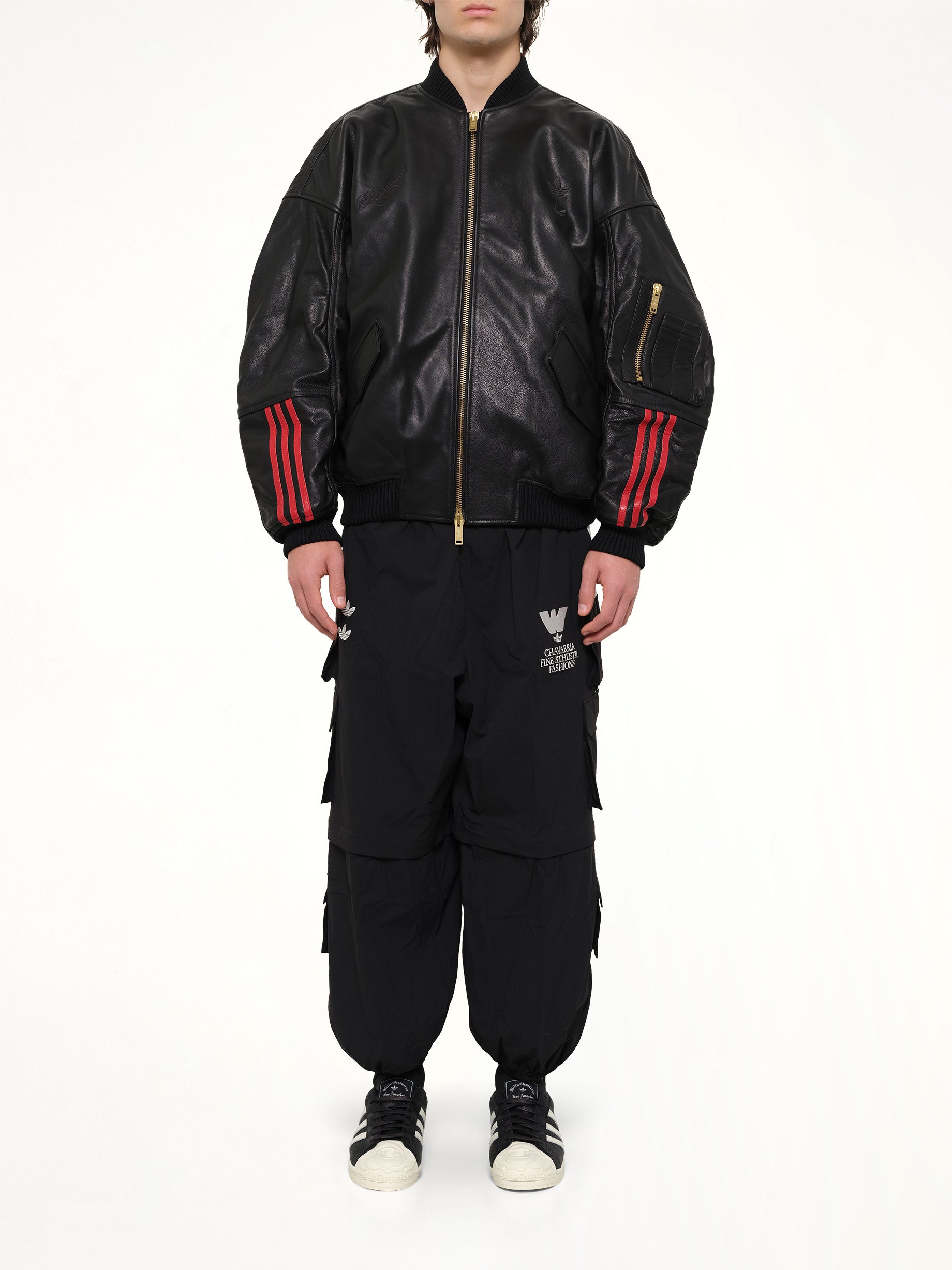 WILLY CHAVARRIA Adidas X Chavarria Leather Bomber Jacket in Black Model View from MARAIS