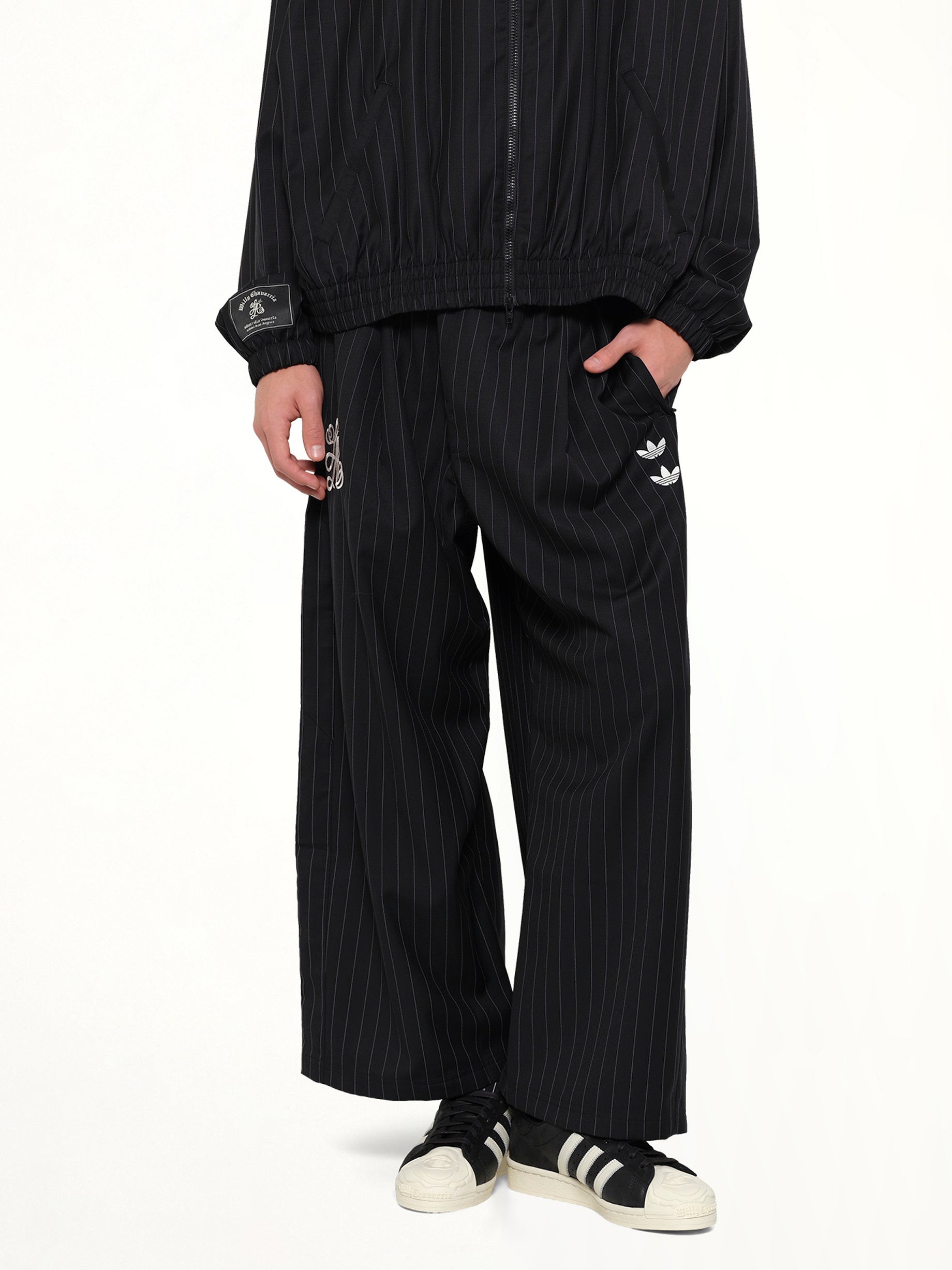 WILLY CHAVARRIA , 
, Adidas x WC Pinstripe Pants in Black/White Detail Shot from MARAIS