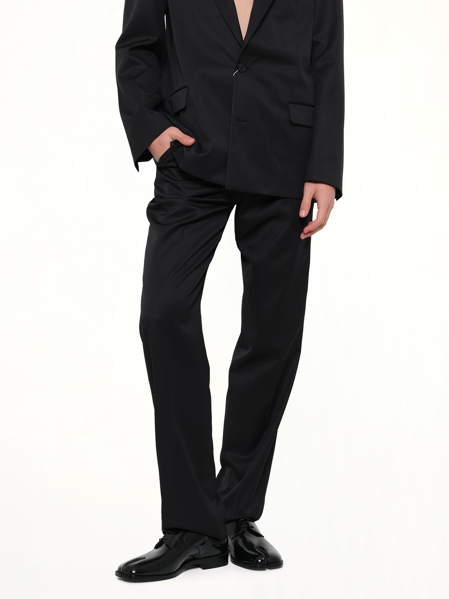 MAISON MARGIELA Compact Light Wool Suit Pants in Black Detail Shot from MARAIS