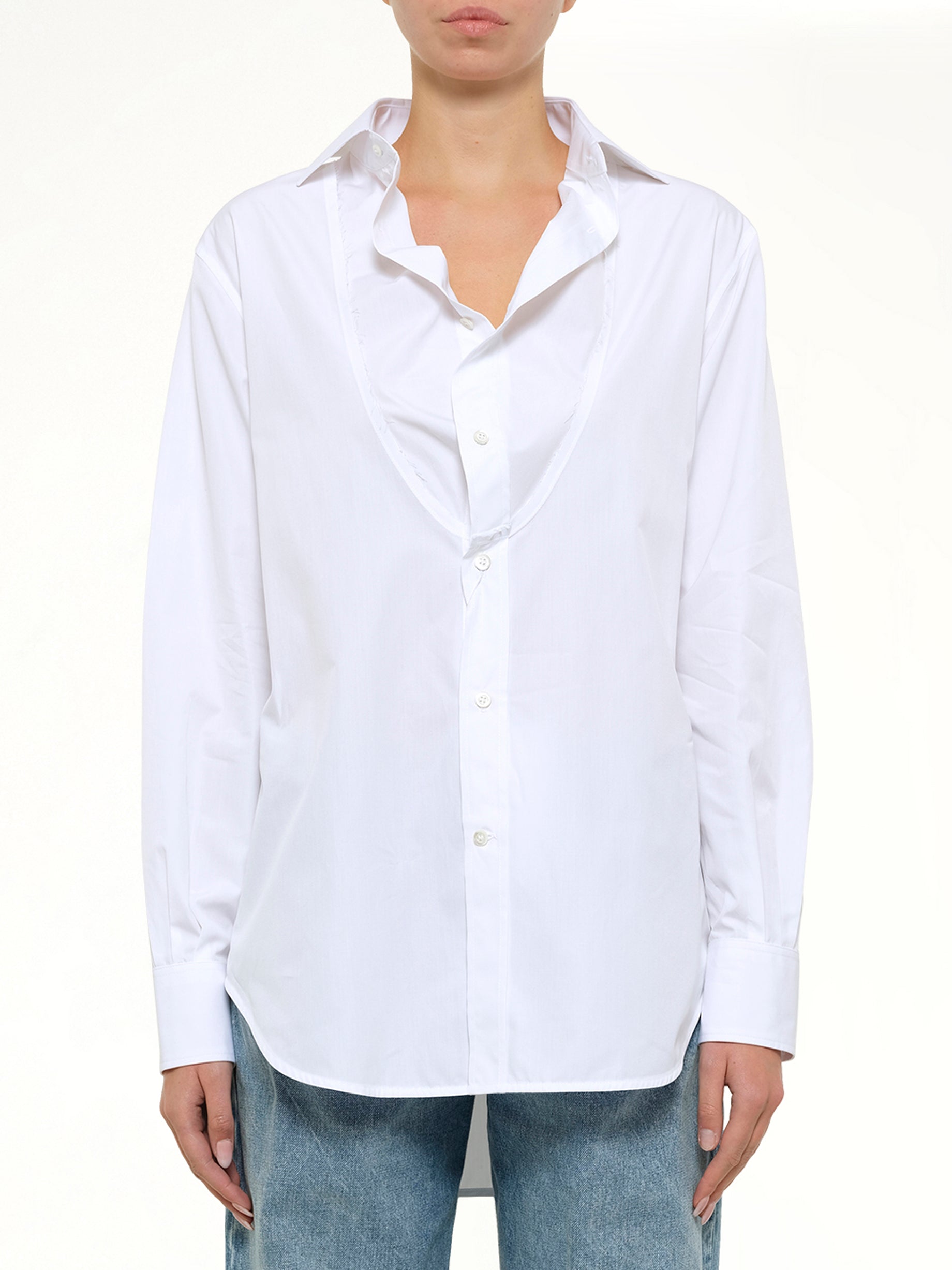 Open Neck Long Sleeve Shirt in White