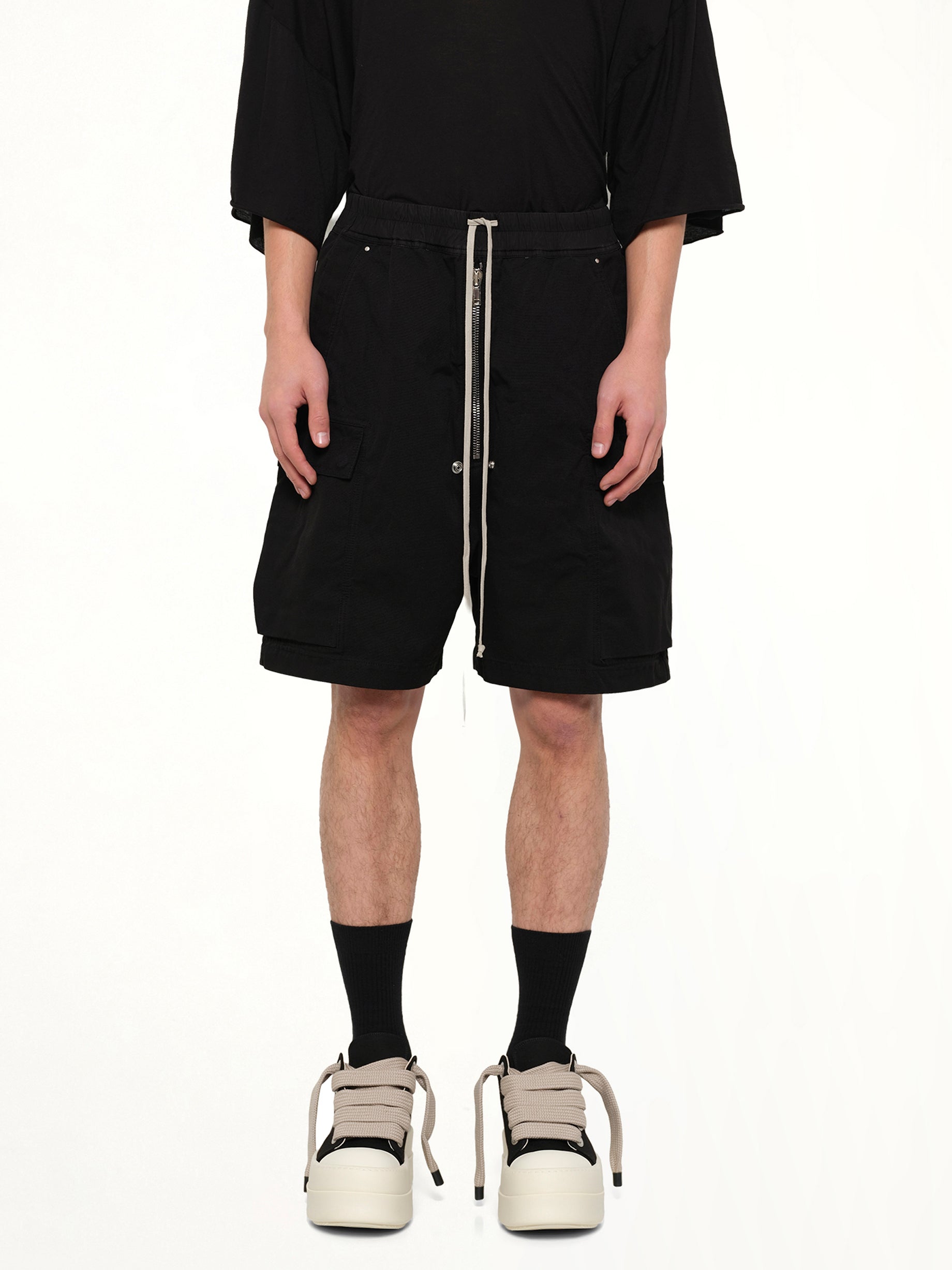 RICK OWENS DRKSHDW Cargobela Shorts in Black Front View from MARAIS
