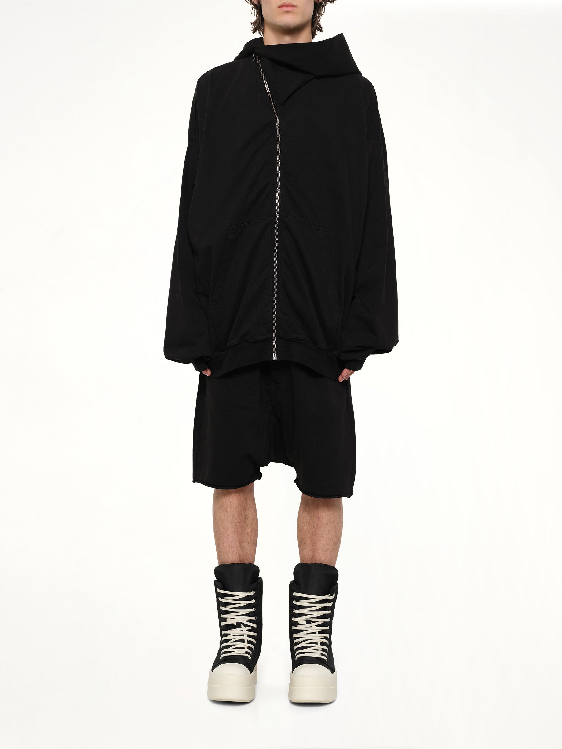 RICK OWENS DRKSHDW Mountain Hun Hoodie in Black Model View from MARAIS