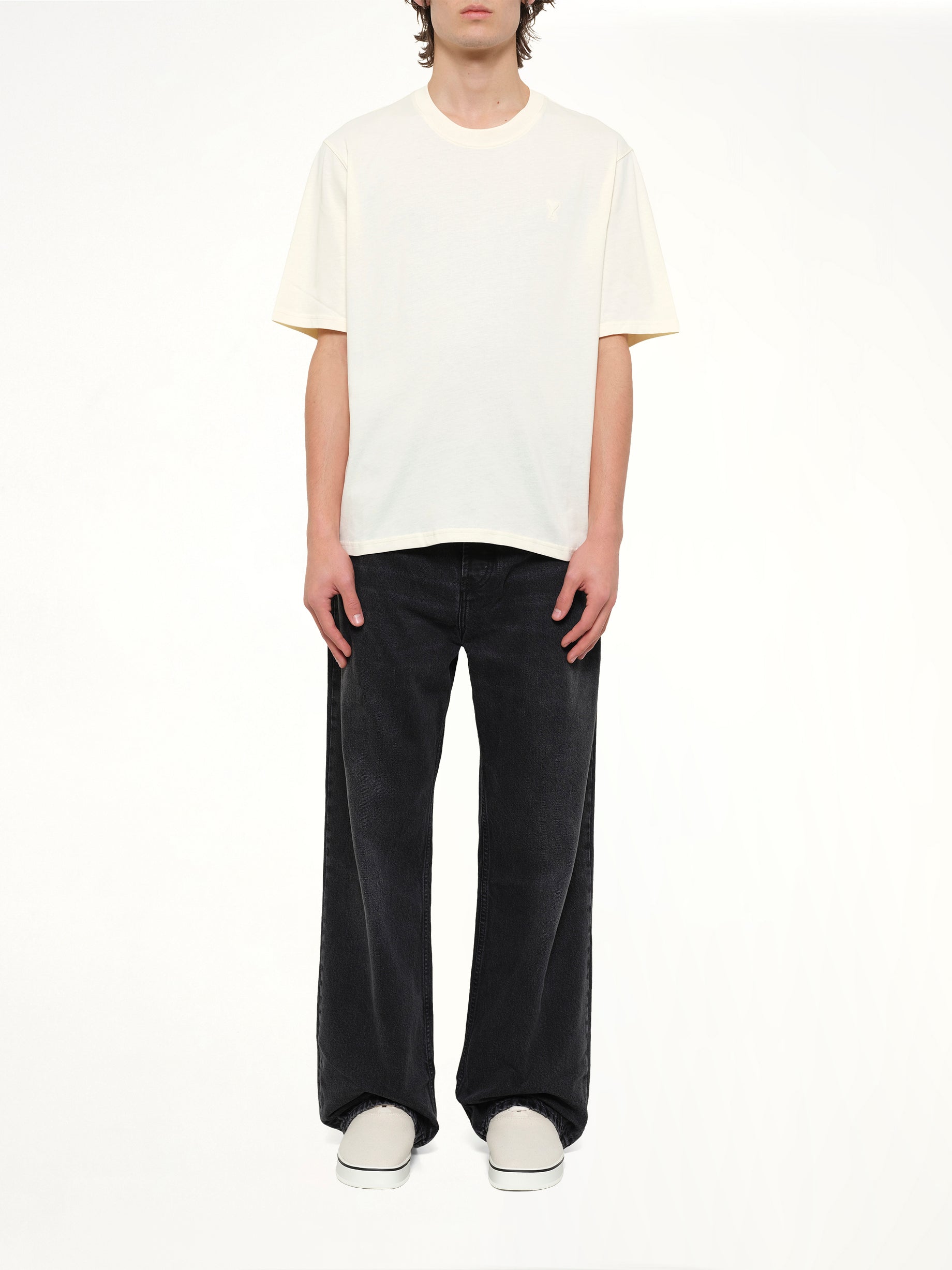 AMI PARIS Small Embossed ADC T-Shirt in Cream Model View from MARAIS