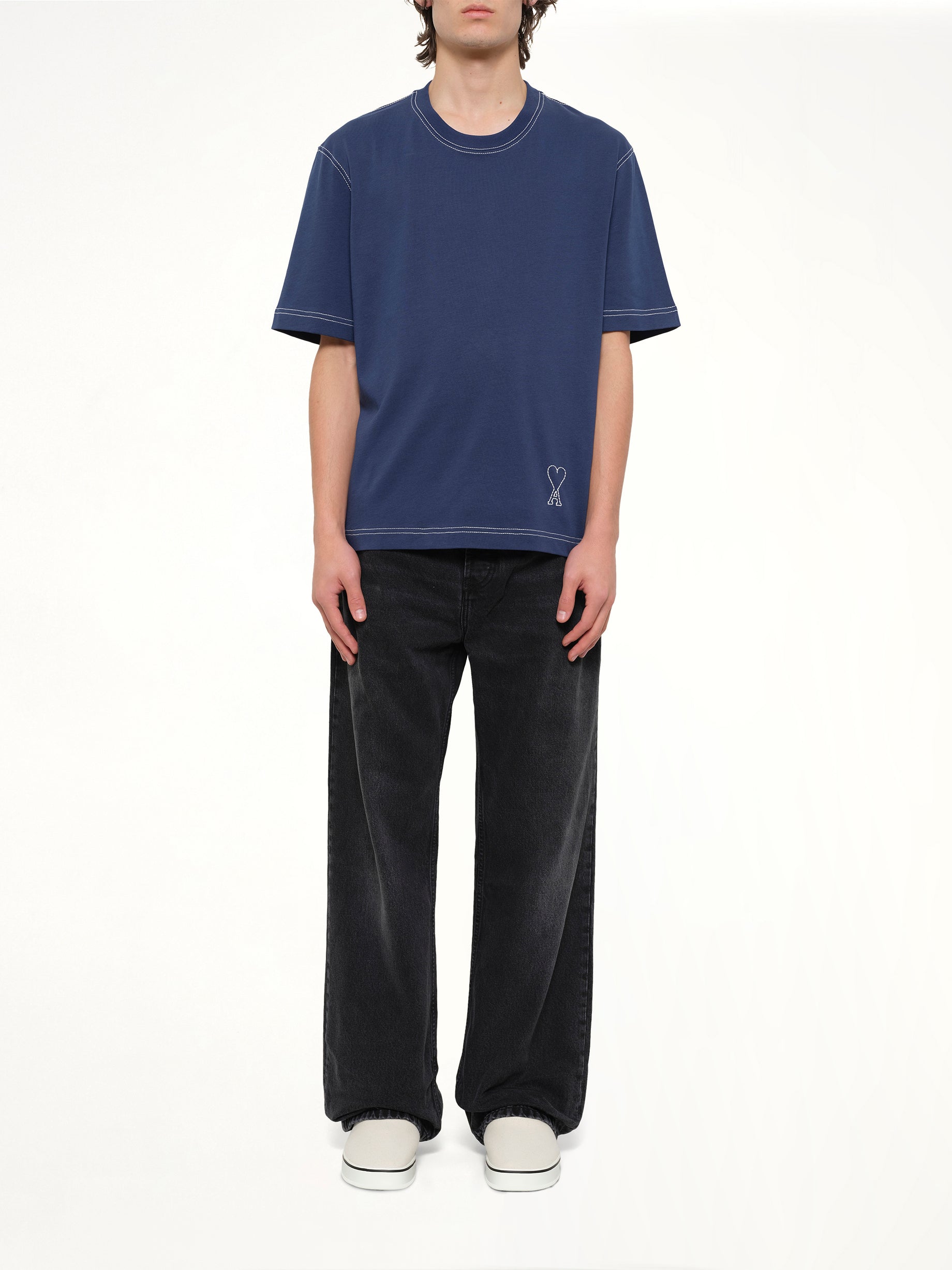 AMI PARIS Topstitched ADC T-Shirt in Navy Model View from MARAIS