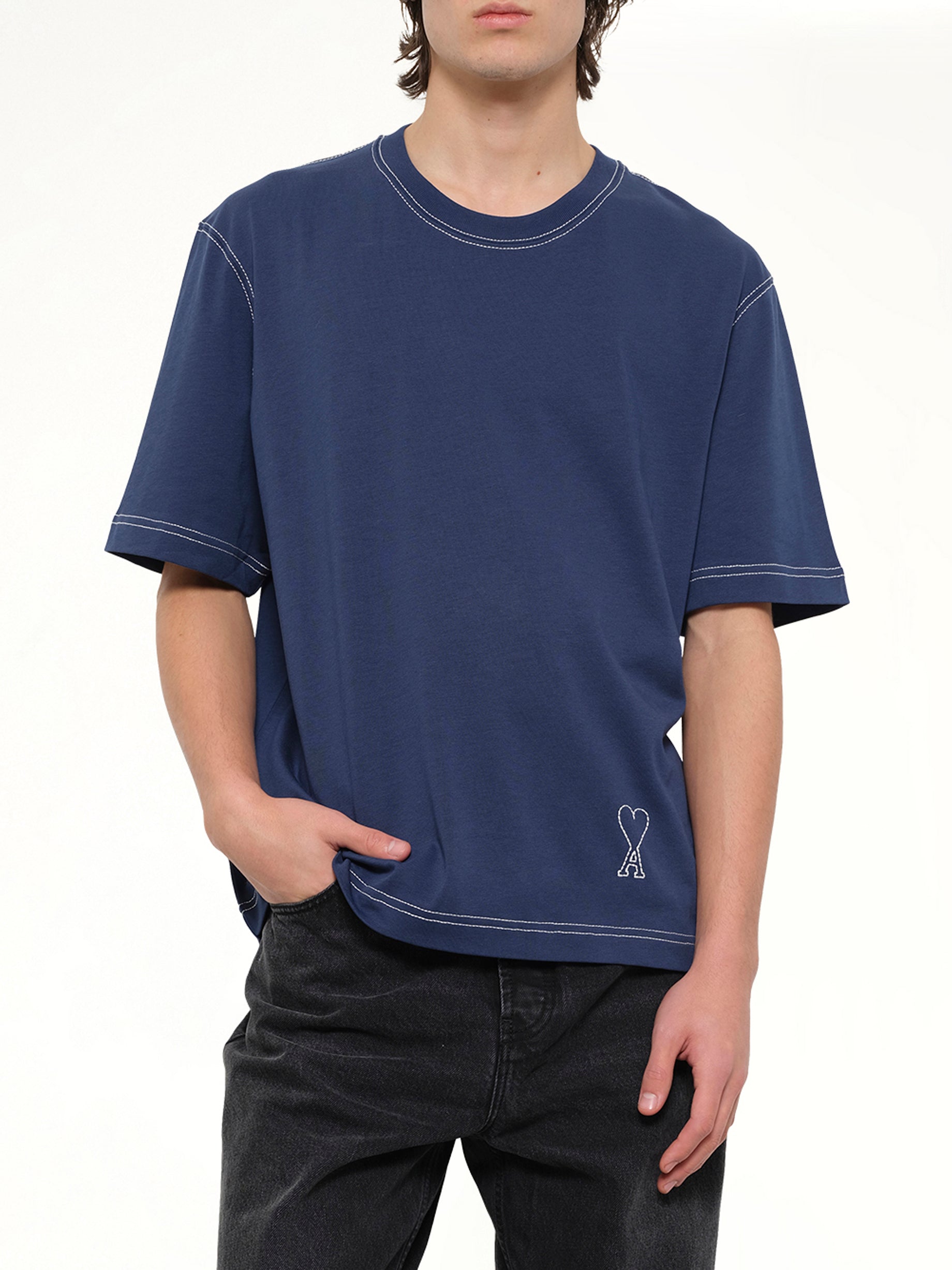 AMI PARIS Topstitched ADC T-Shirt in Navy Detail Shot from MARAIS