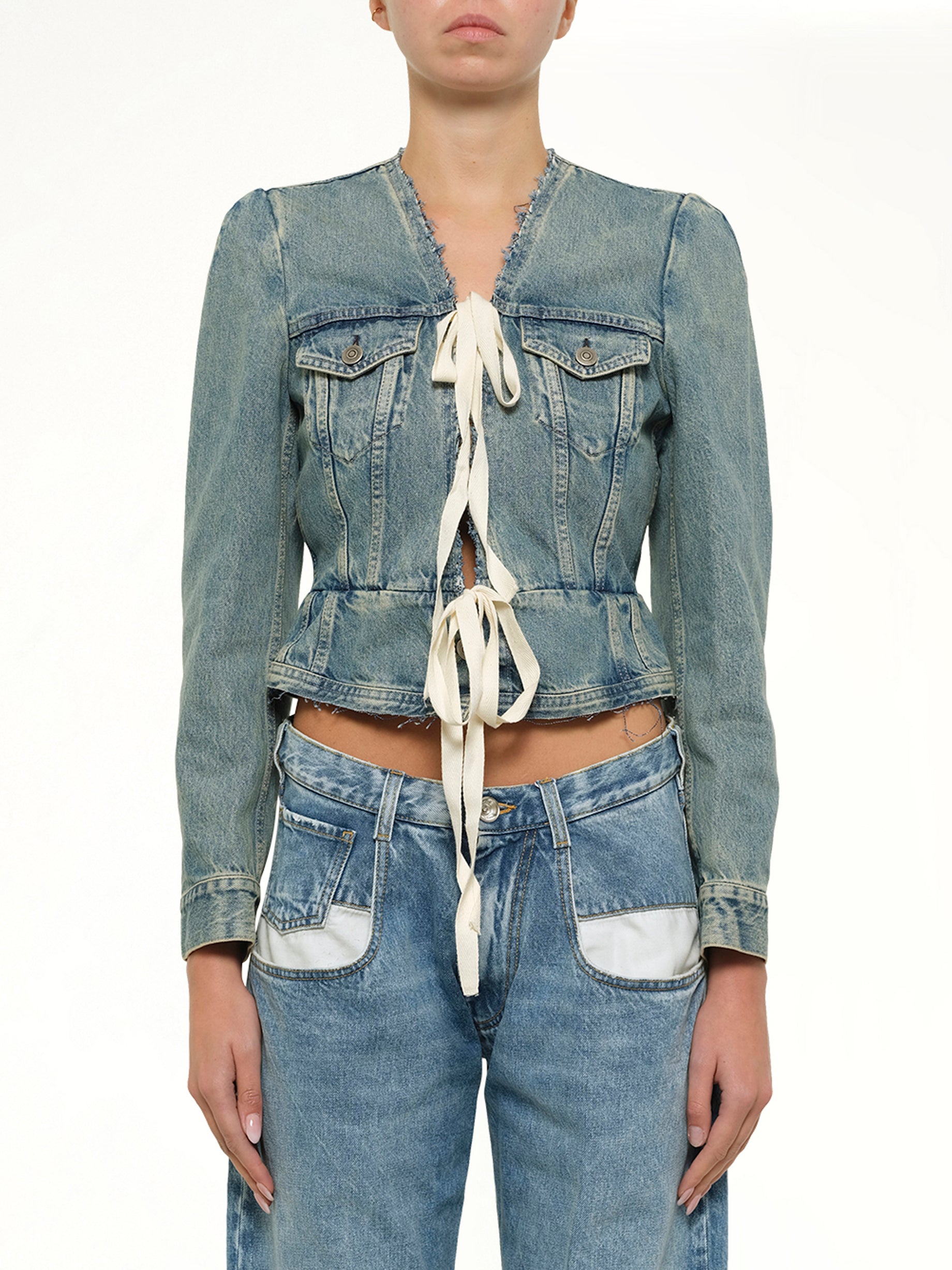 V Neck Denim Jacket in Ice Blue