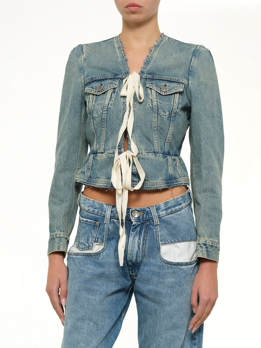 V Neck Denim Jacket in Ice Blue