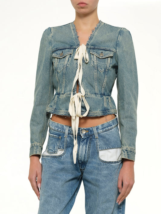 V Neck Denim Jacket in Ice Blue