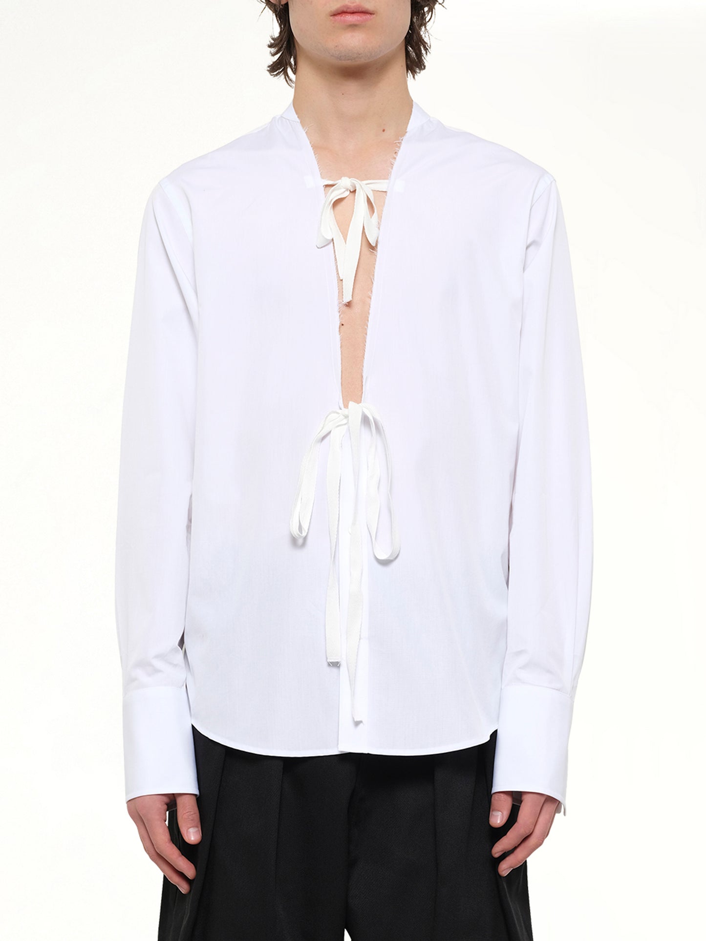 V Neck Long Sleeved Shirt in White