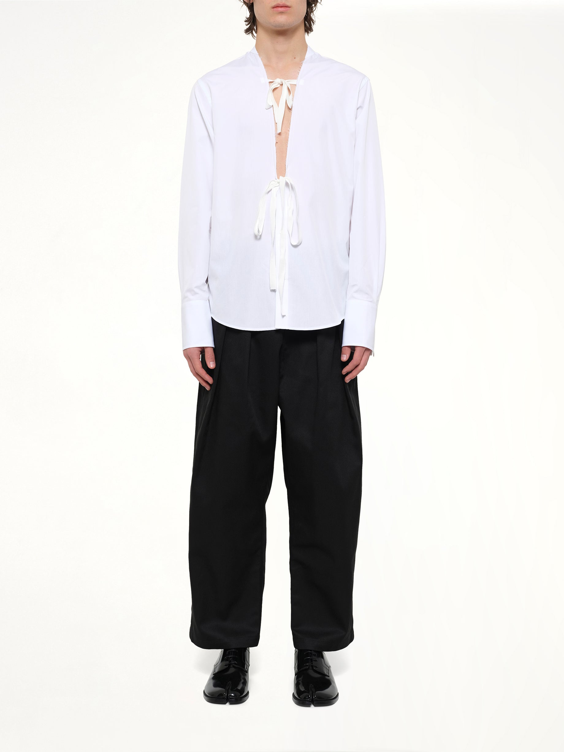 MAISON MARGIELA V Neck Long Sleeved Shirt in White Model View from MARAIS