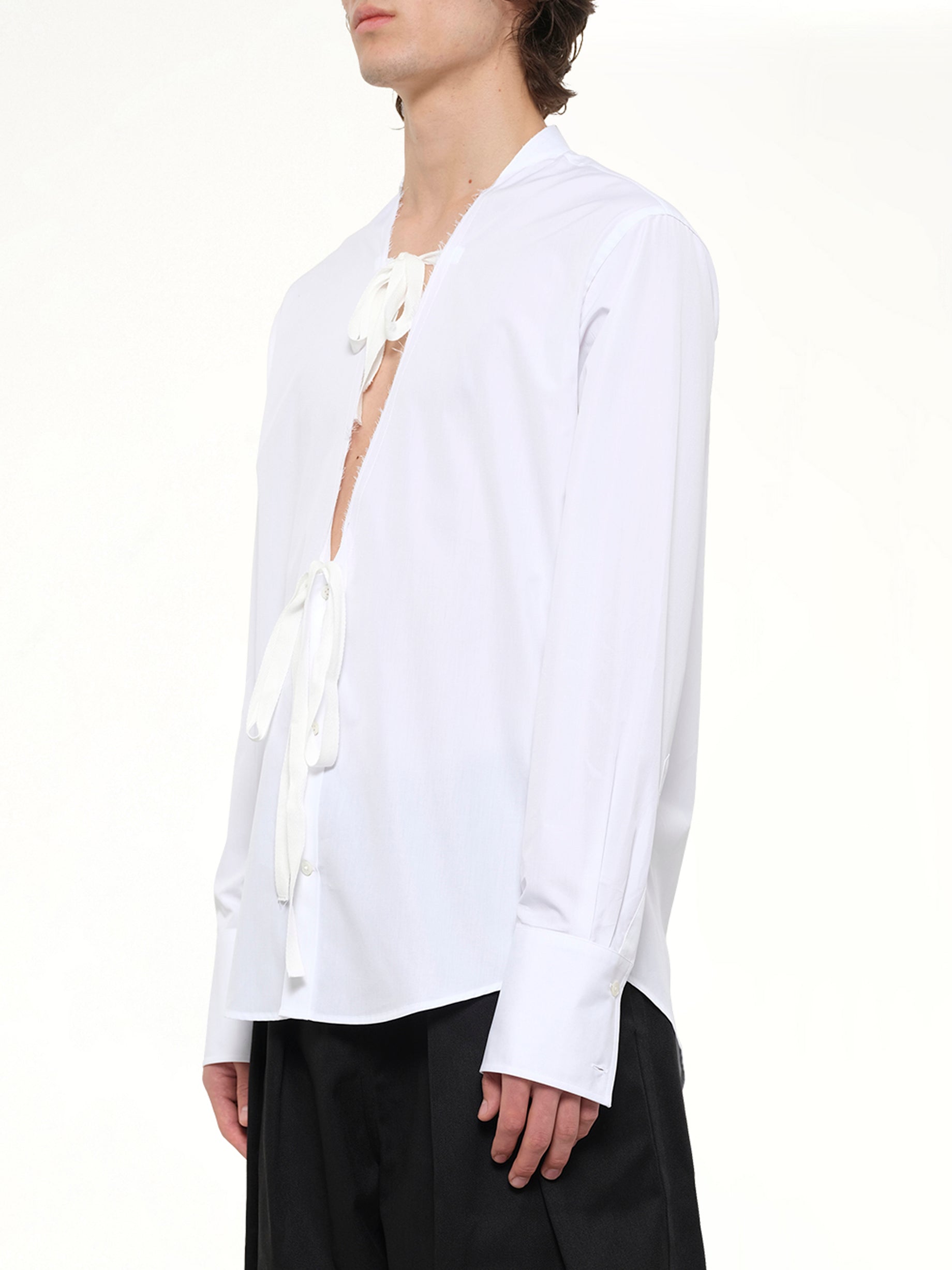 MAISON MARGIELA V Neck Long Sleeved Shirt in White Side View from MARAIS