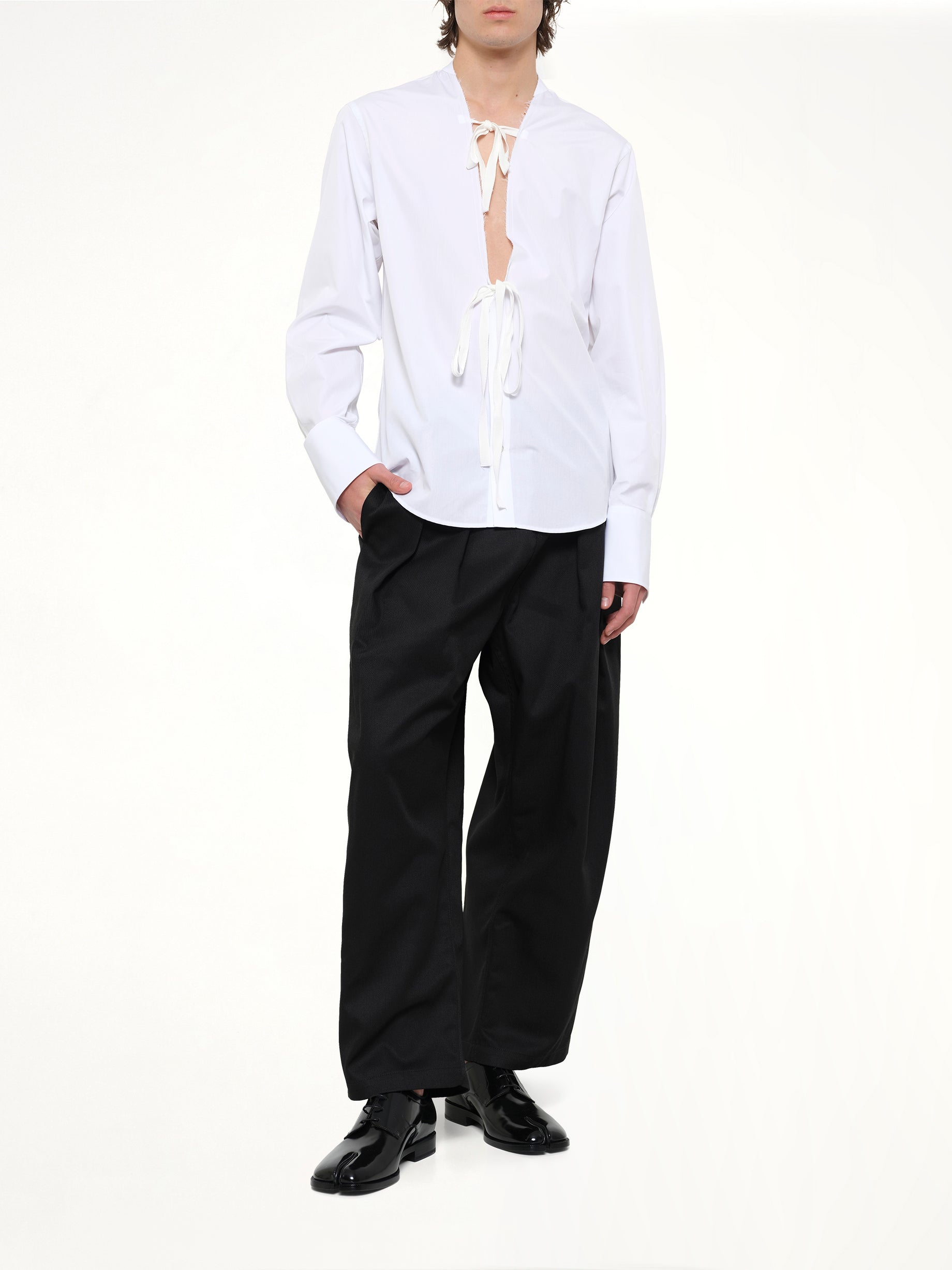 MAISON MARGIELA V Neck Long Sleeved Shirt in White Full Reference from MARAIS