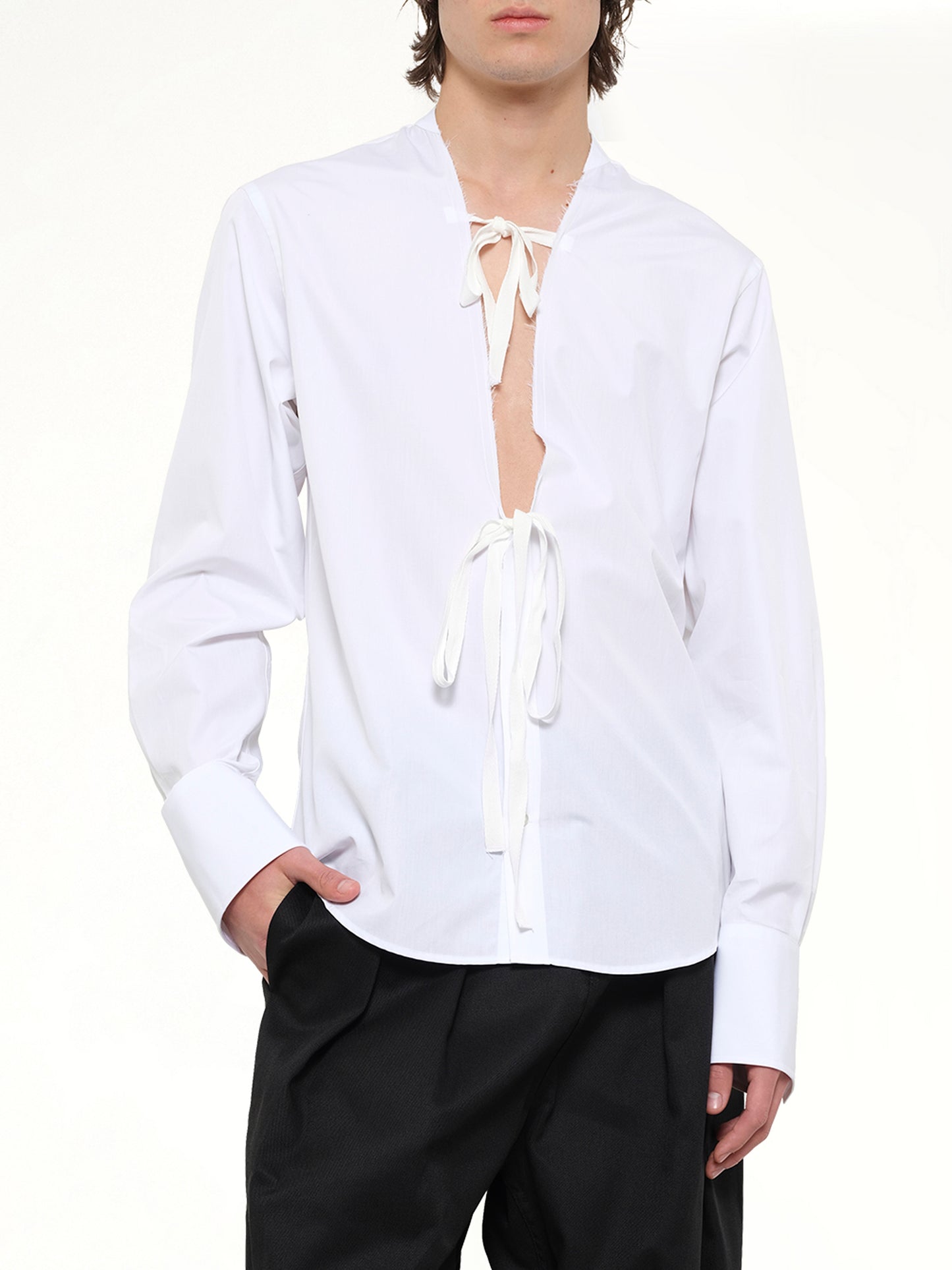V Neck Long Sleeved Shirt in White