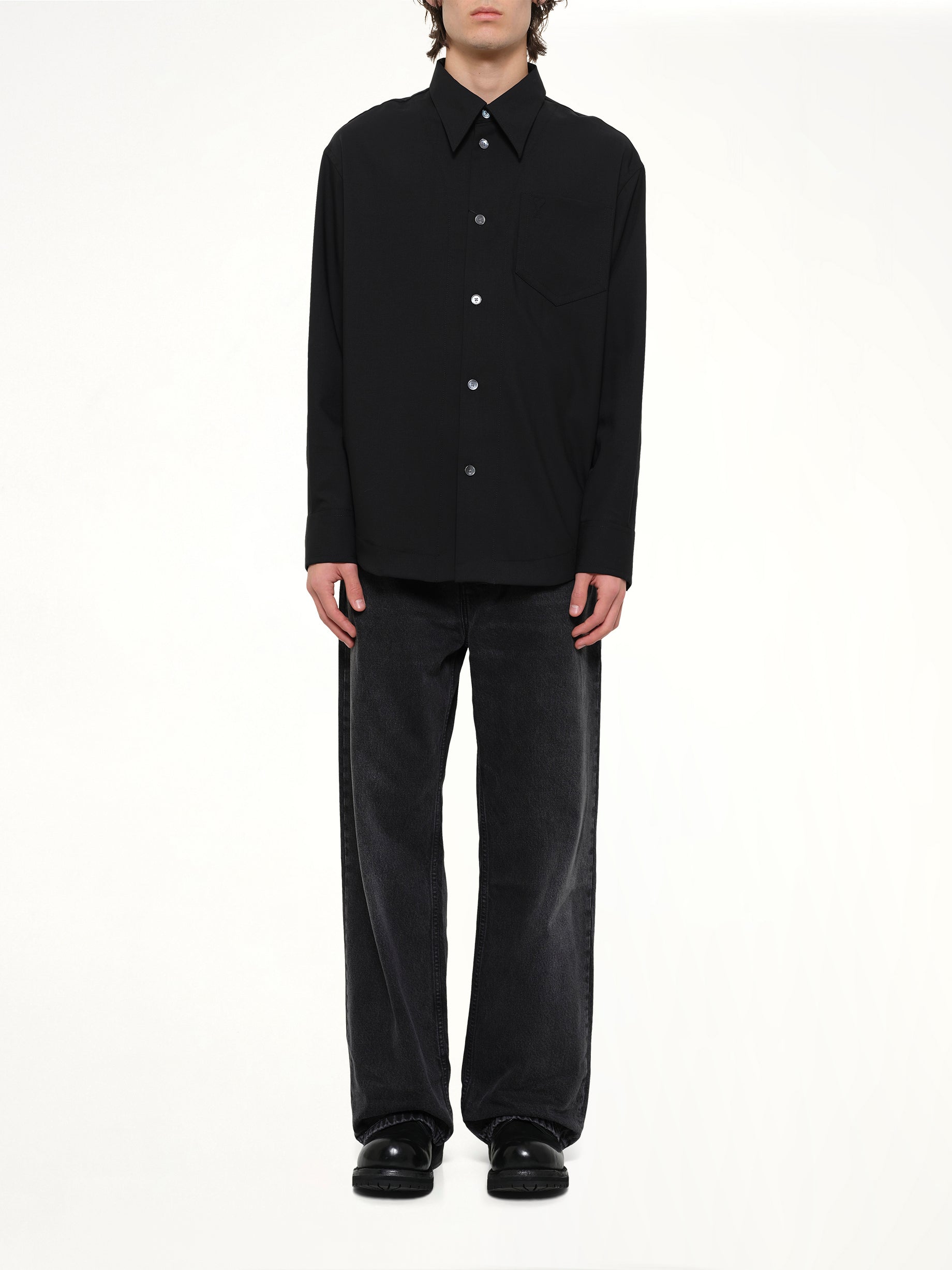 AMI PARIS Wool Garbadine Embossed ADC Shirt in Black Model View from MARAIS