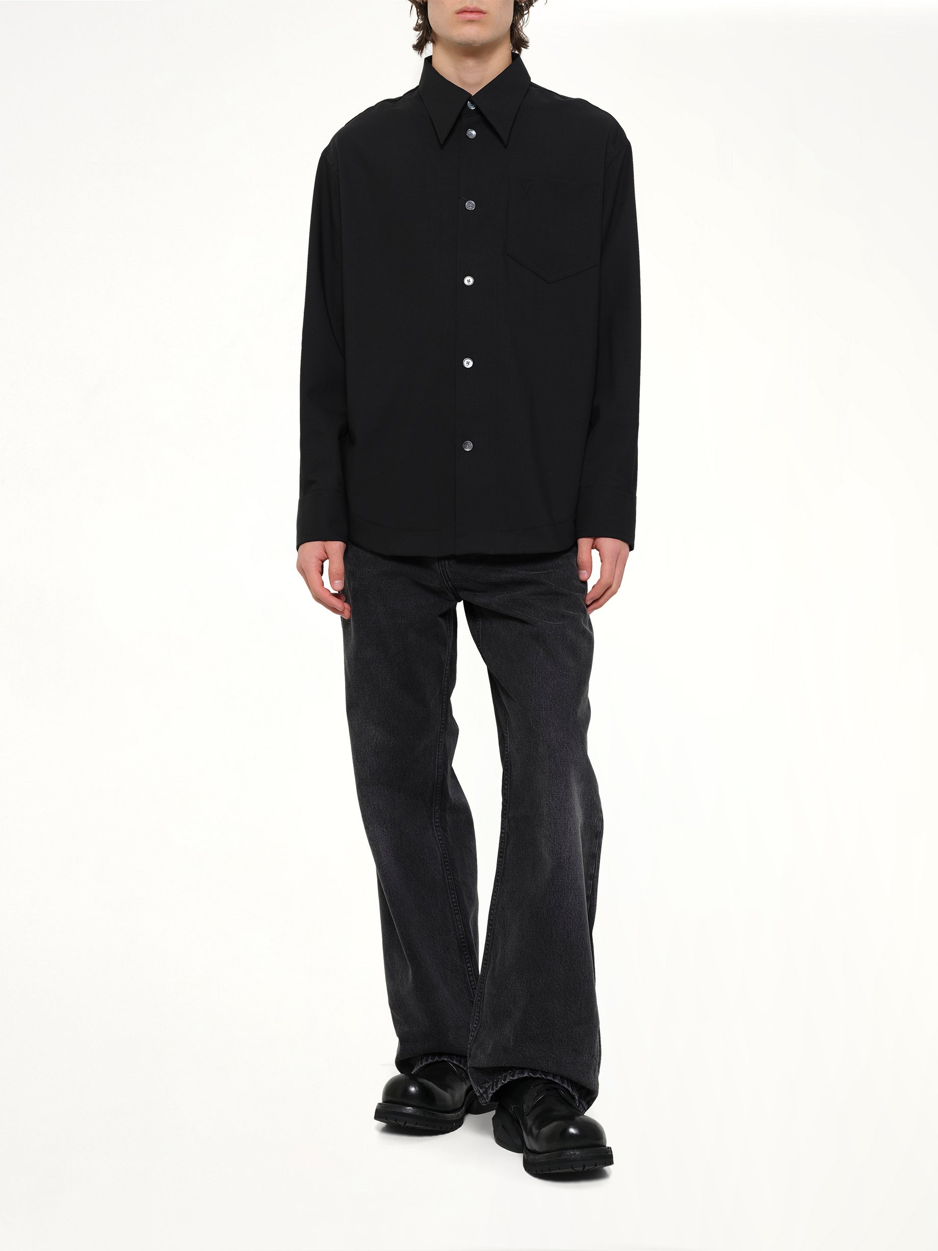 AMI PARIS Wool Garbadine Embossed ADC Shirt in Black Full Reference from MARAIS