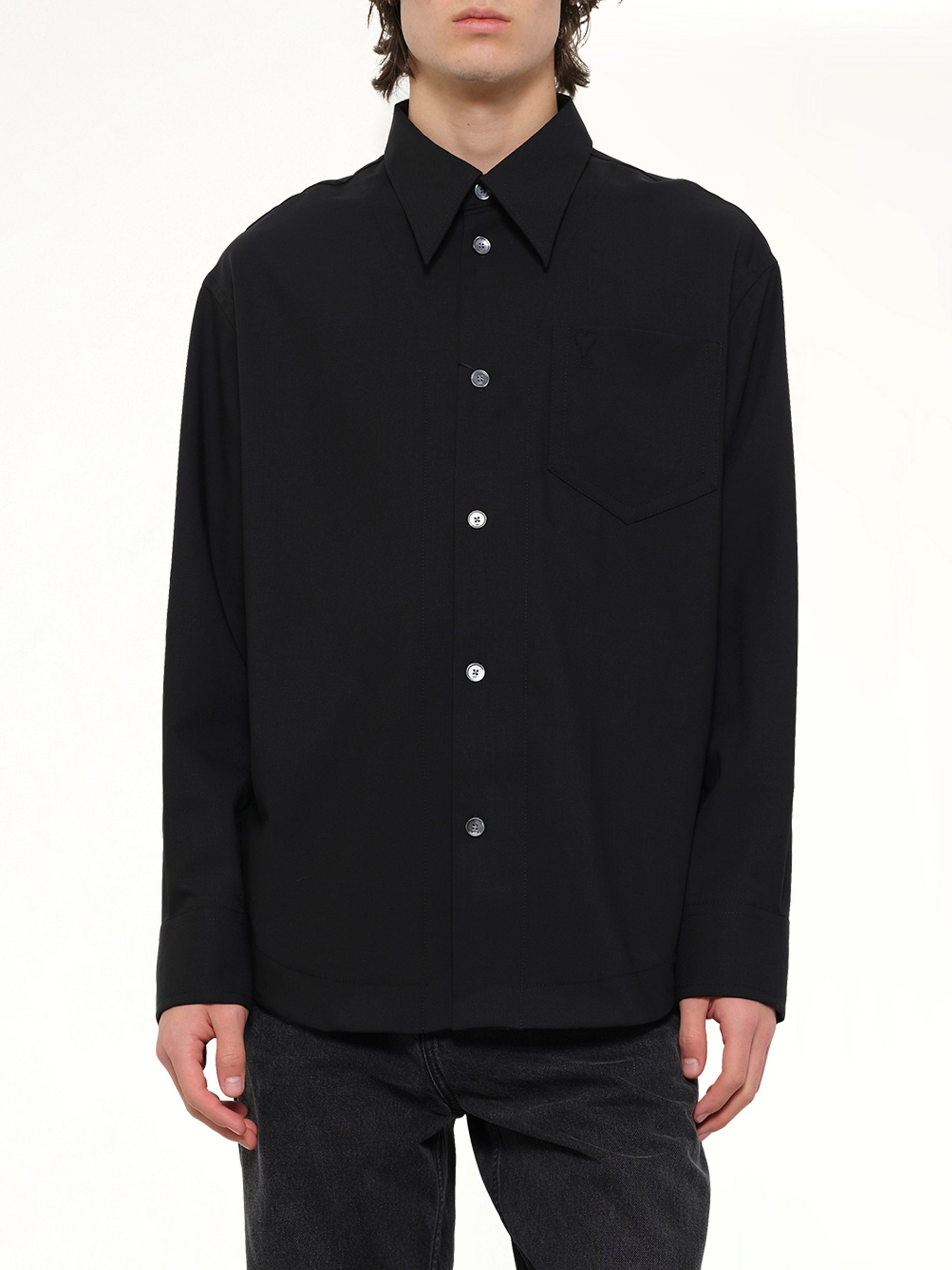 AMI PARIS Wool Garbadine Embossed ADC Shirt in Black Detail Shot from MARAIS