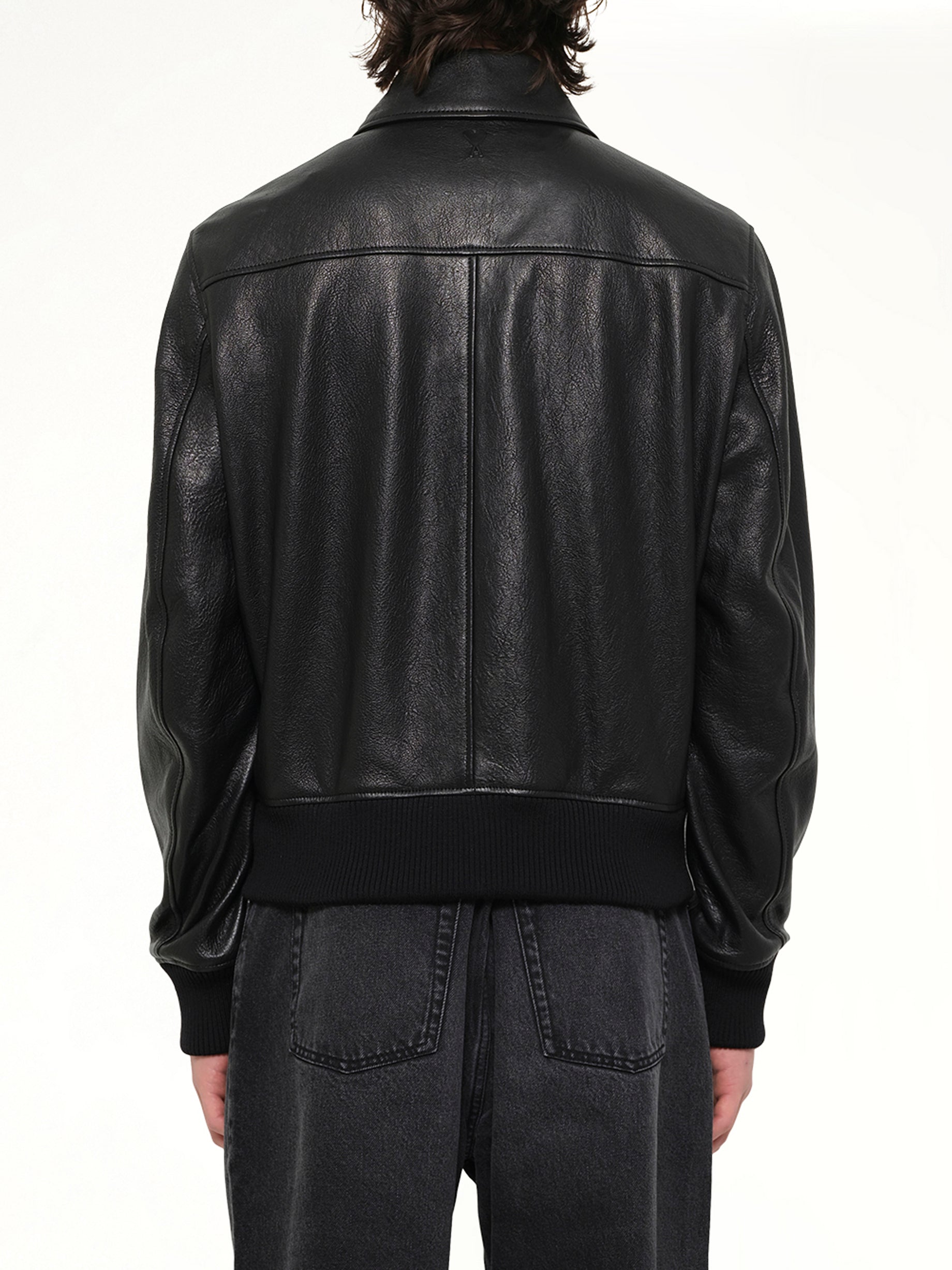 AMI PARIS , 
, Zipped Leather Jacket in Black Back View from MARAIS