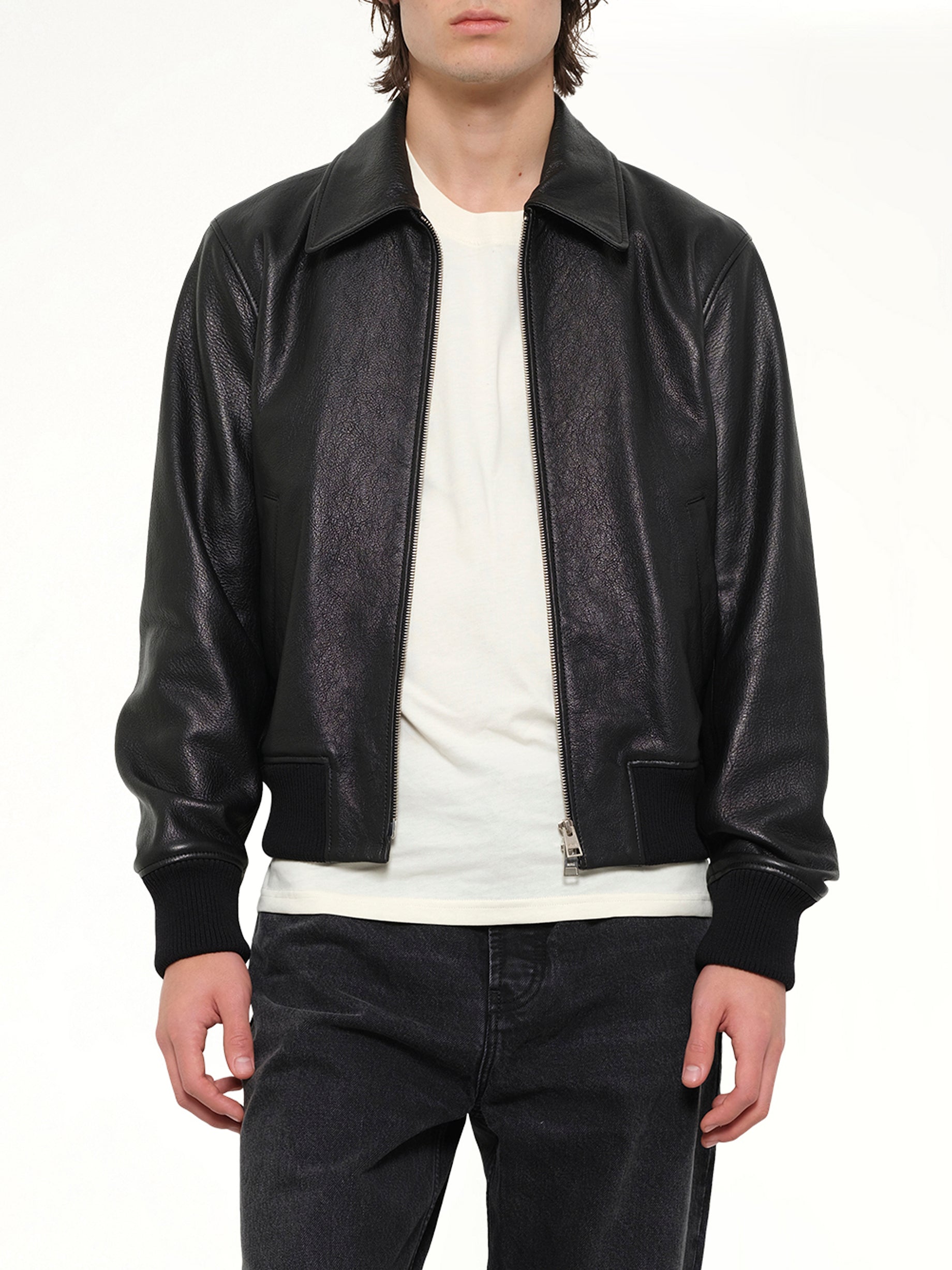 AMI PARIS , 
, Zipped Leather Jacket in Black Detail Shot from MARAIS
