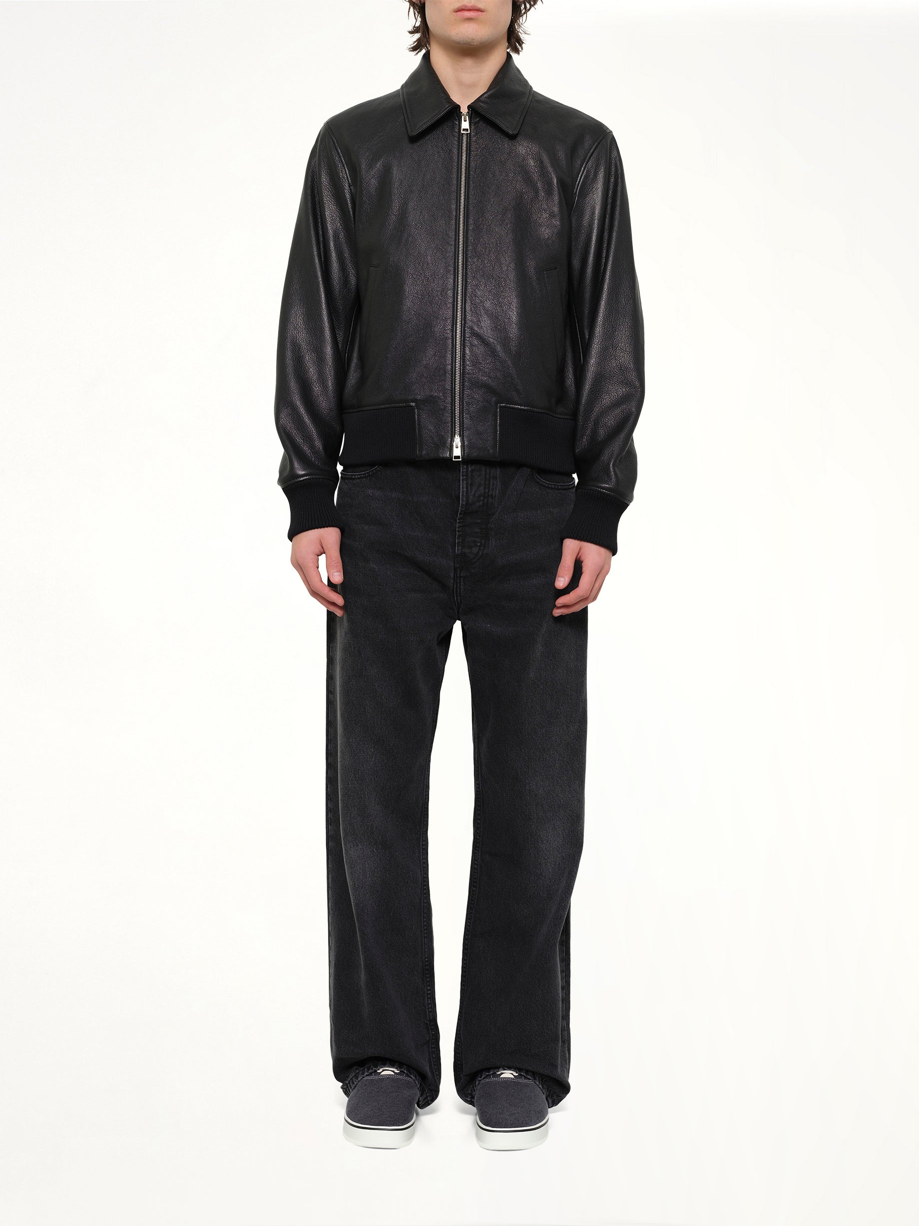 AMI PARIS , 
, Zipped Leather Jacket in Black Model View from MARAIS