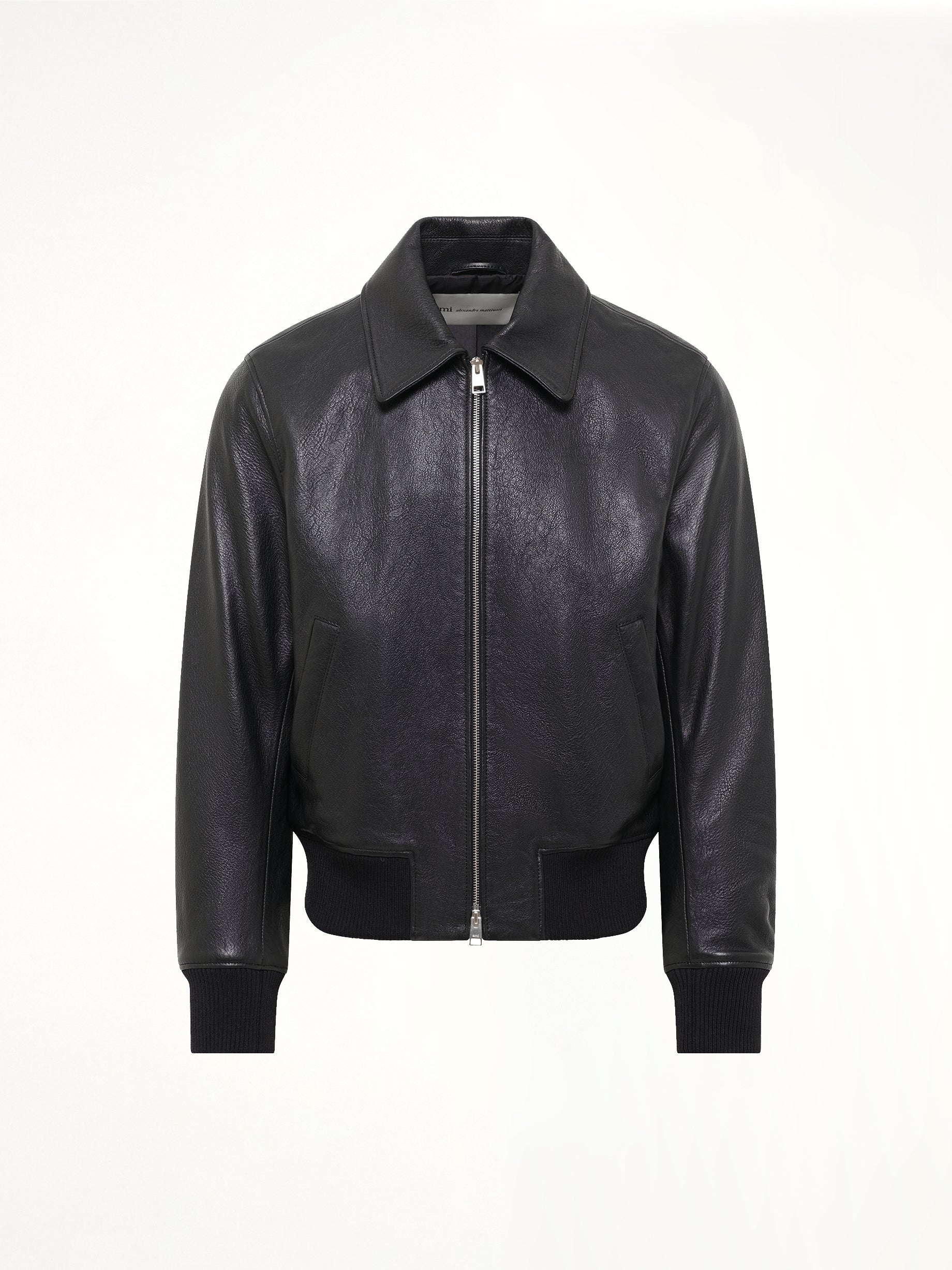 AMI PARIS , 
, Zipped Leather Jacket in Black Product Photo from MARAIS