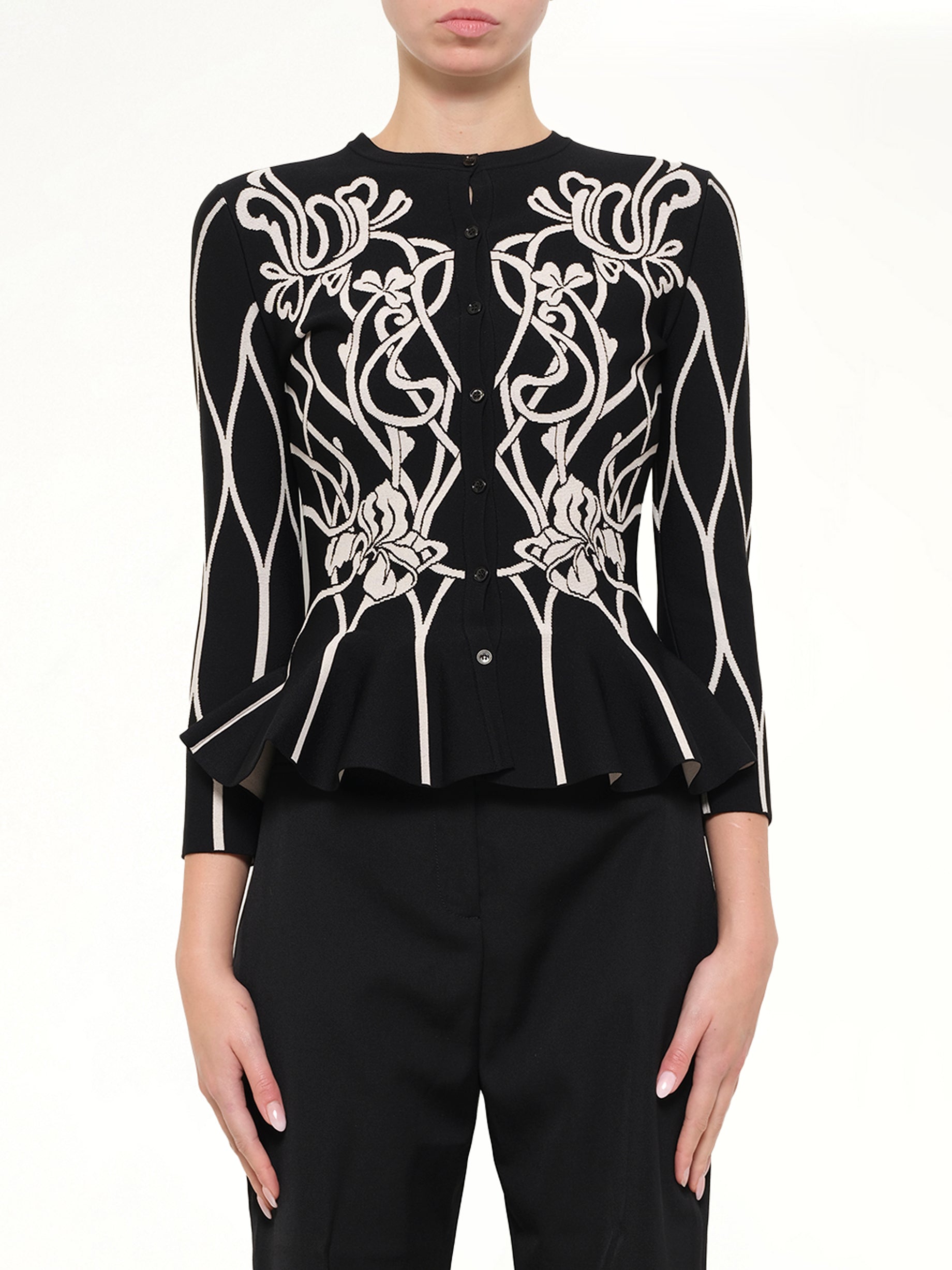 ALEXANDER MCQUEEN Embroidered Ruffle Cardigan in Black Front View from MARAIS