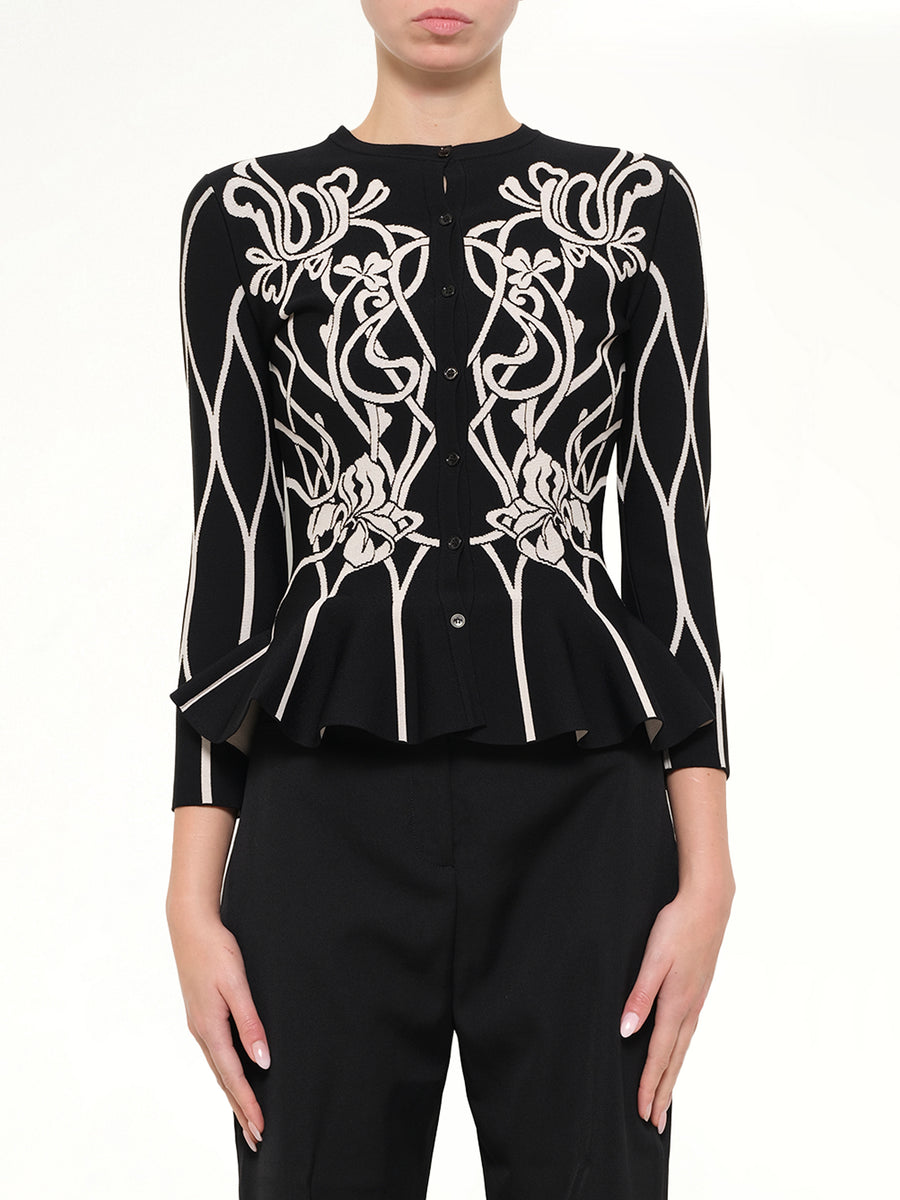 Embroidered Ruffle Cardigan in Black