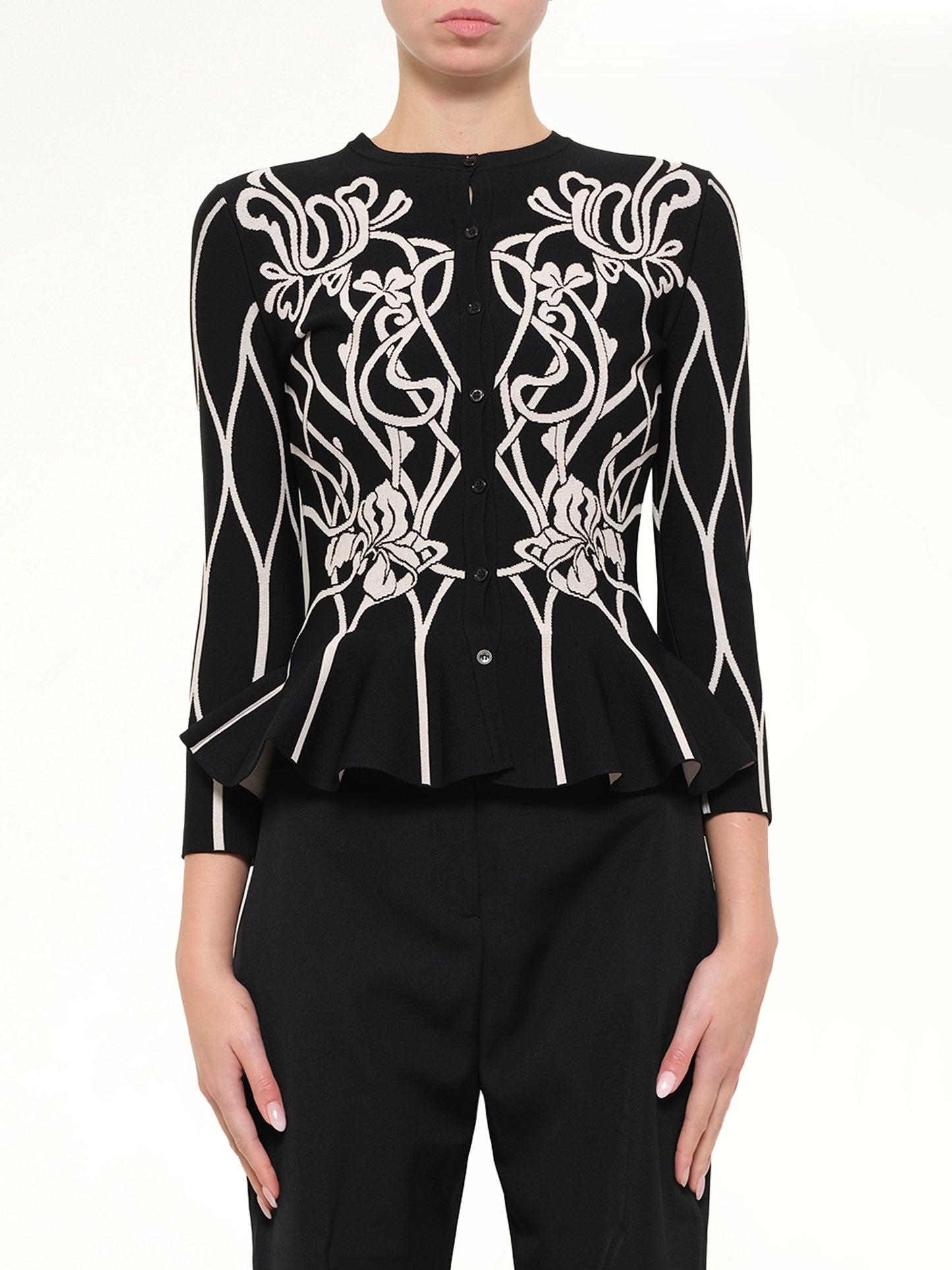 Embroidered Ruffle Cardigan in Black