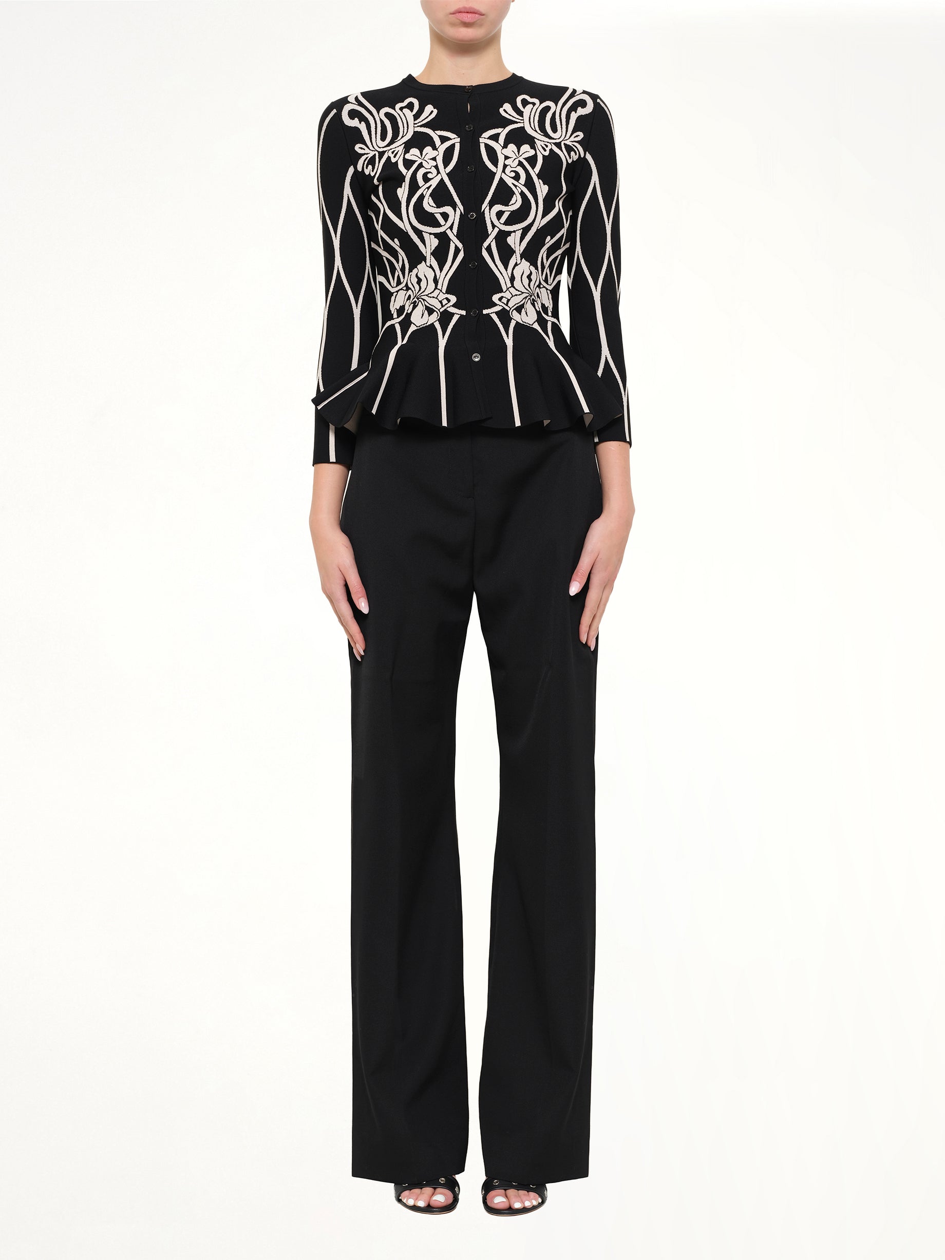 ALEXANDER MCQUEEN Embroidered Ruffle Cardigan in Black Product Photo from MARAIS