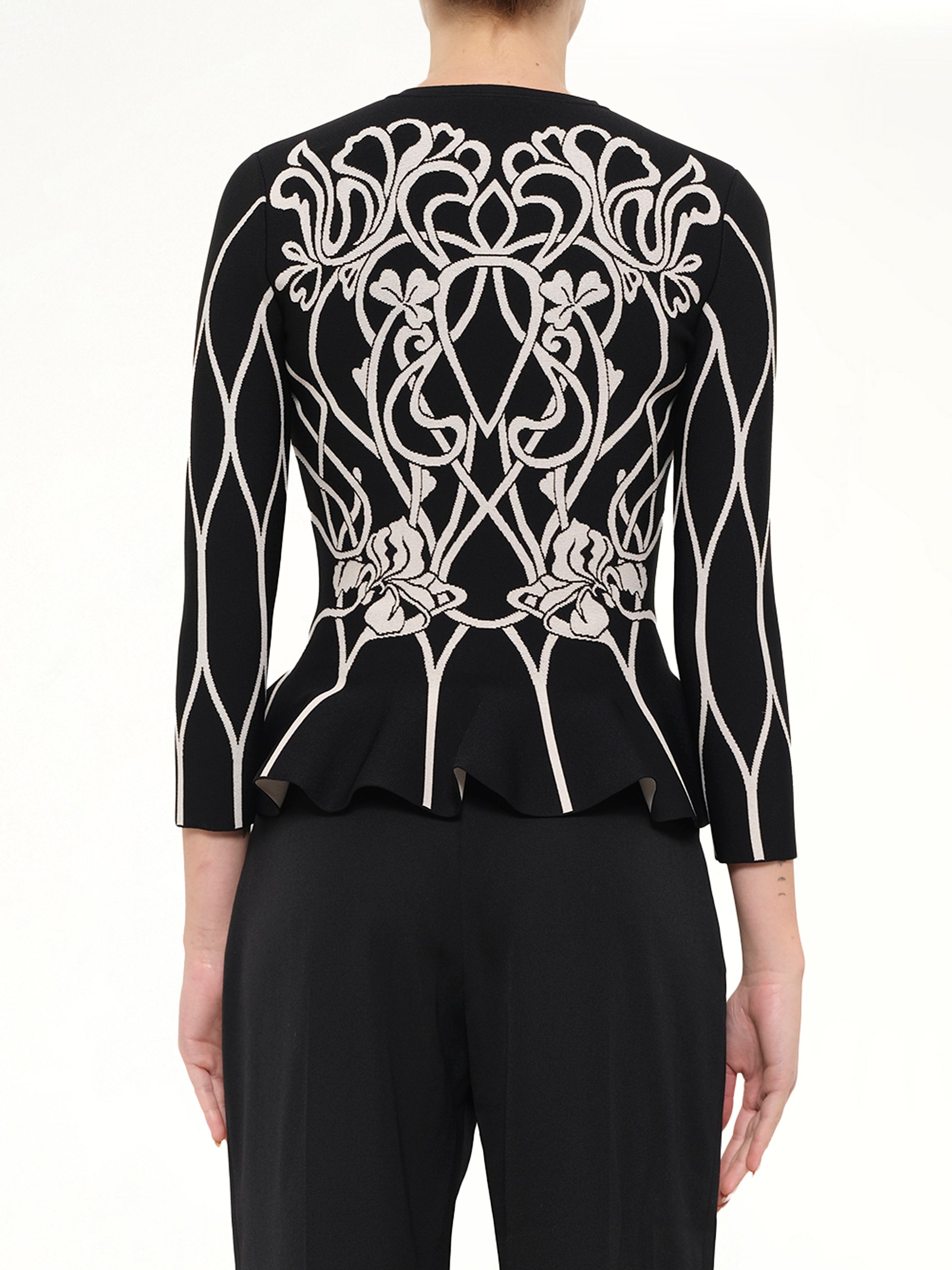 ALEXANDER MCQUEEN Embroidered Ruffle Cardigan in Black Side View from MARAIS