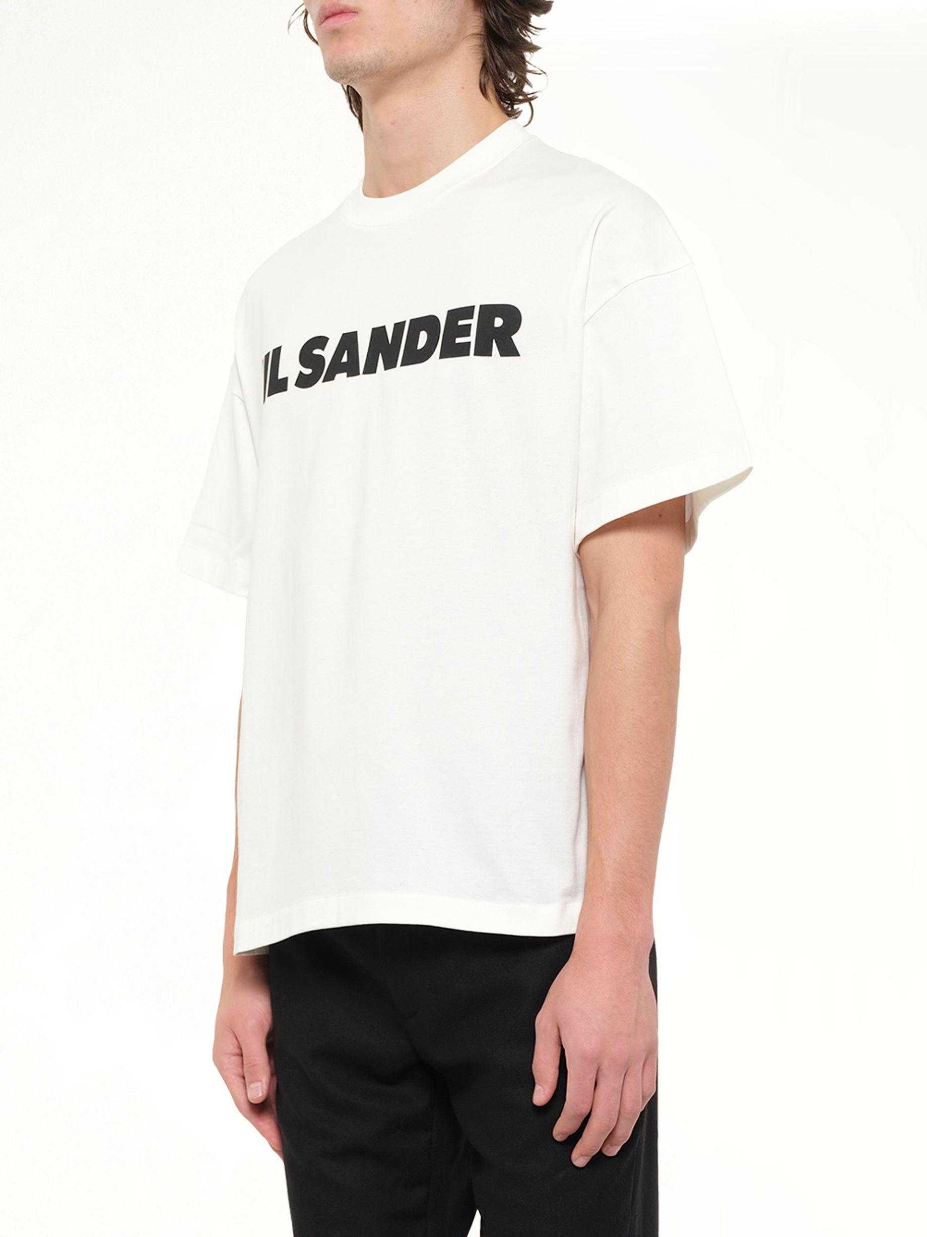 JIL SANDER Crewneck Logo T-Shirt in Pocelain Side View from MARAIS
