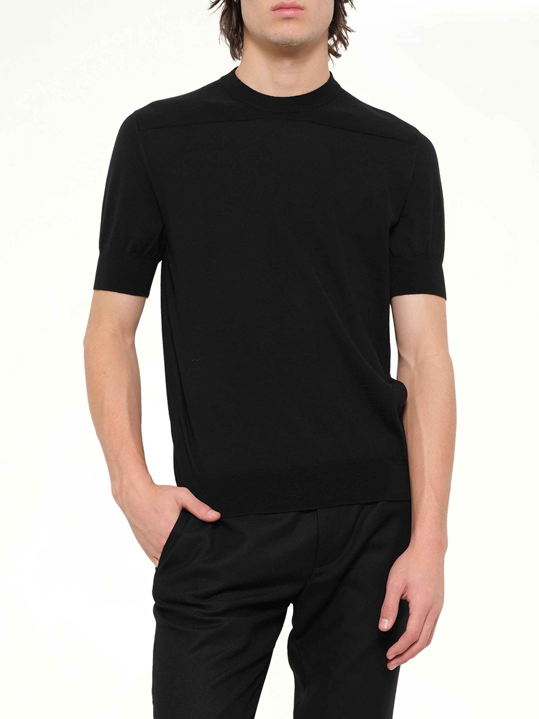 JIL SANDER Fine Merino Knit T-Shirt in Black Detail Shot from MARAIS