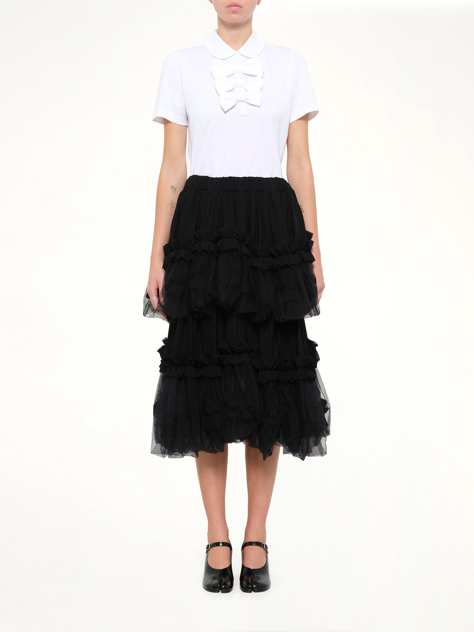 NOIR KEI NINOMIYA Organza Gathered Skirt in Black Model View from MARAIS