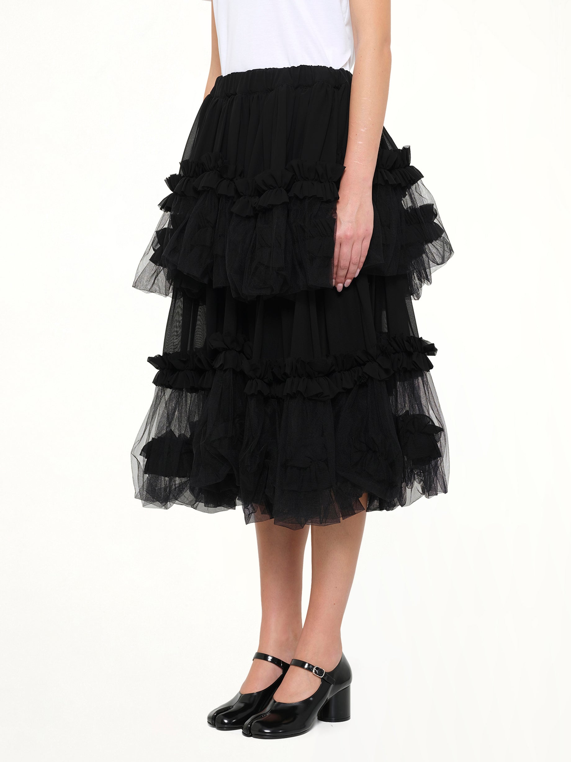 NOIR KEI NINOMIYA Organza Gathered Skirt in Black Side View from MARAIS