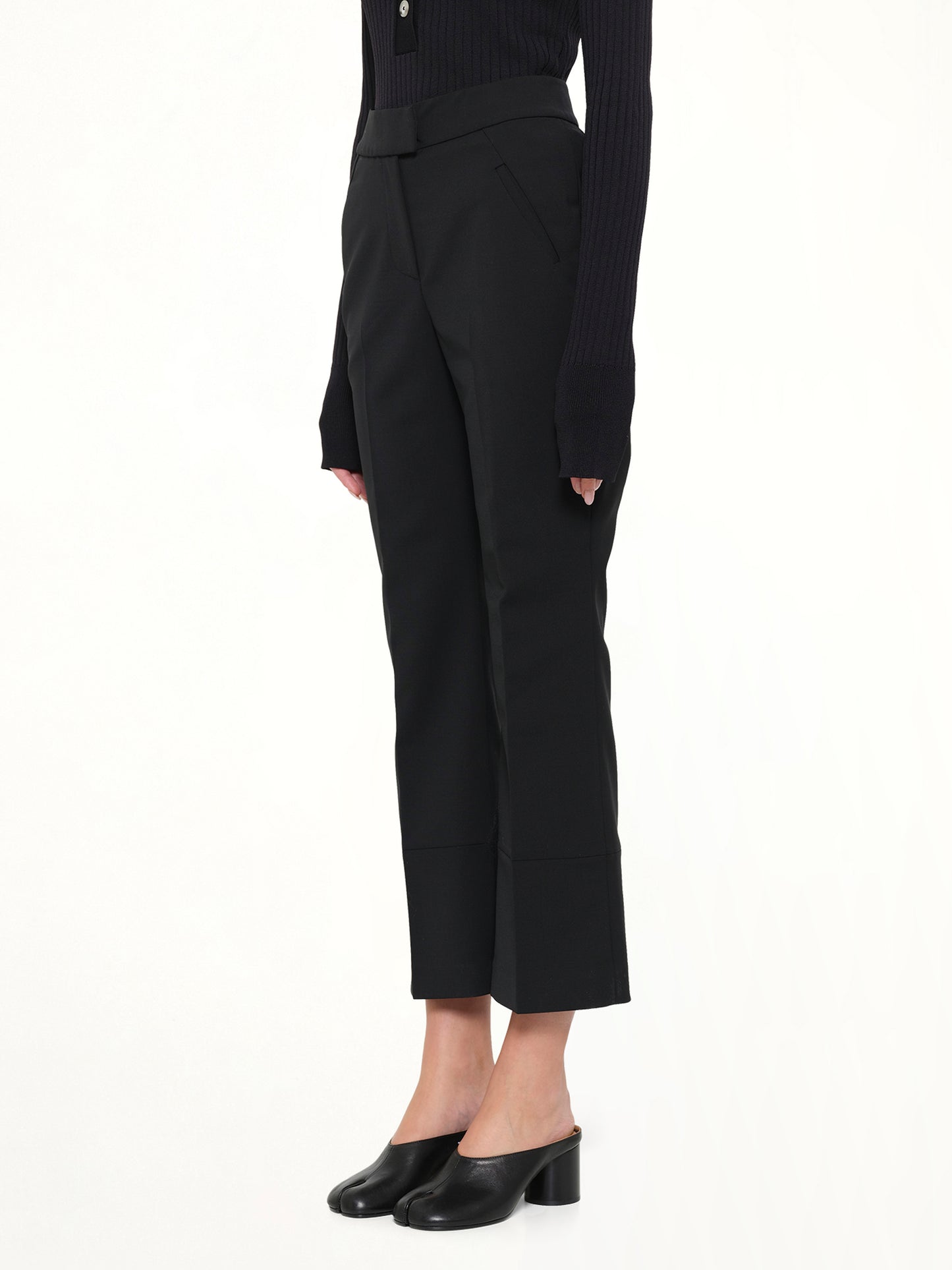 Step Hem Pants in Black Wool