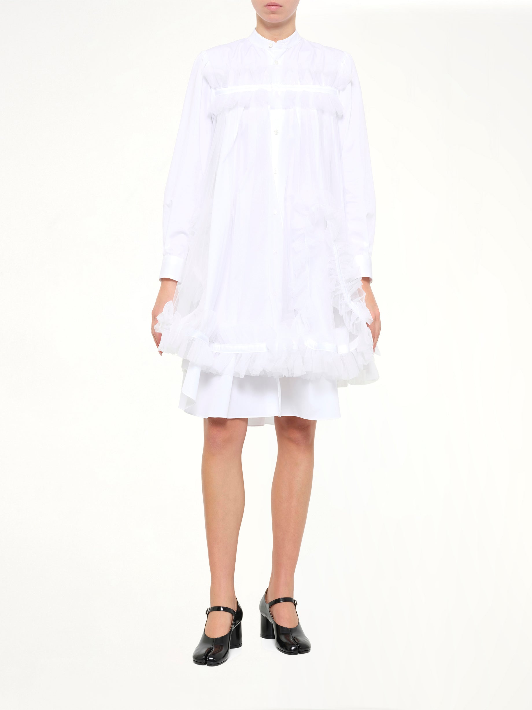 NOIR KEI NINOMIYA Tulle Shirt Dress in White Full Reference from MARAIS