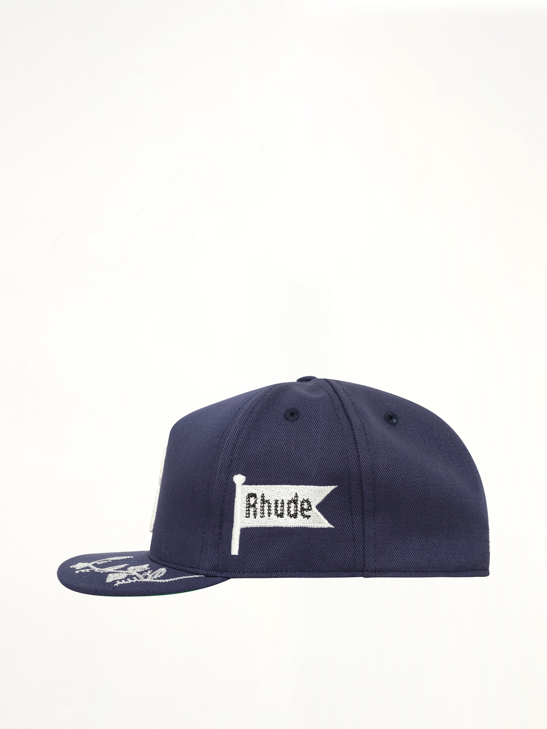 RHUDE Grapevine R-Crown Fitted Hat in Navy/White Side View from MARAIS