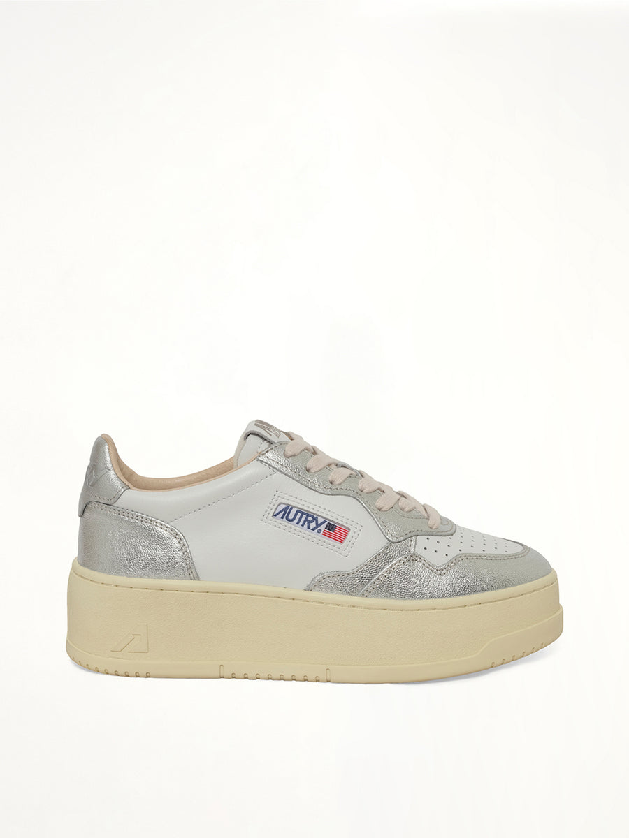 Platform Low Sneaker in White/Silver