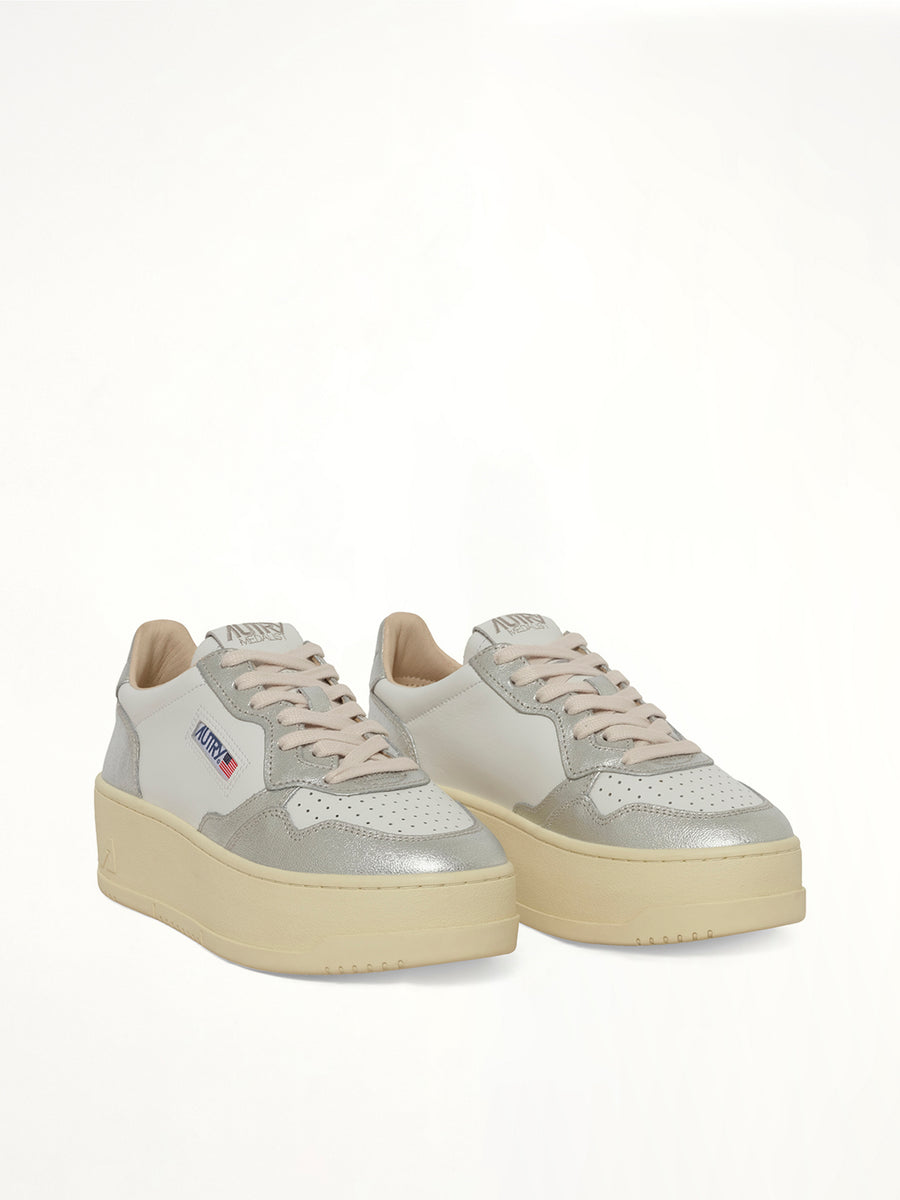 Platform Low Sneaker in White/Silver