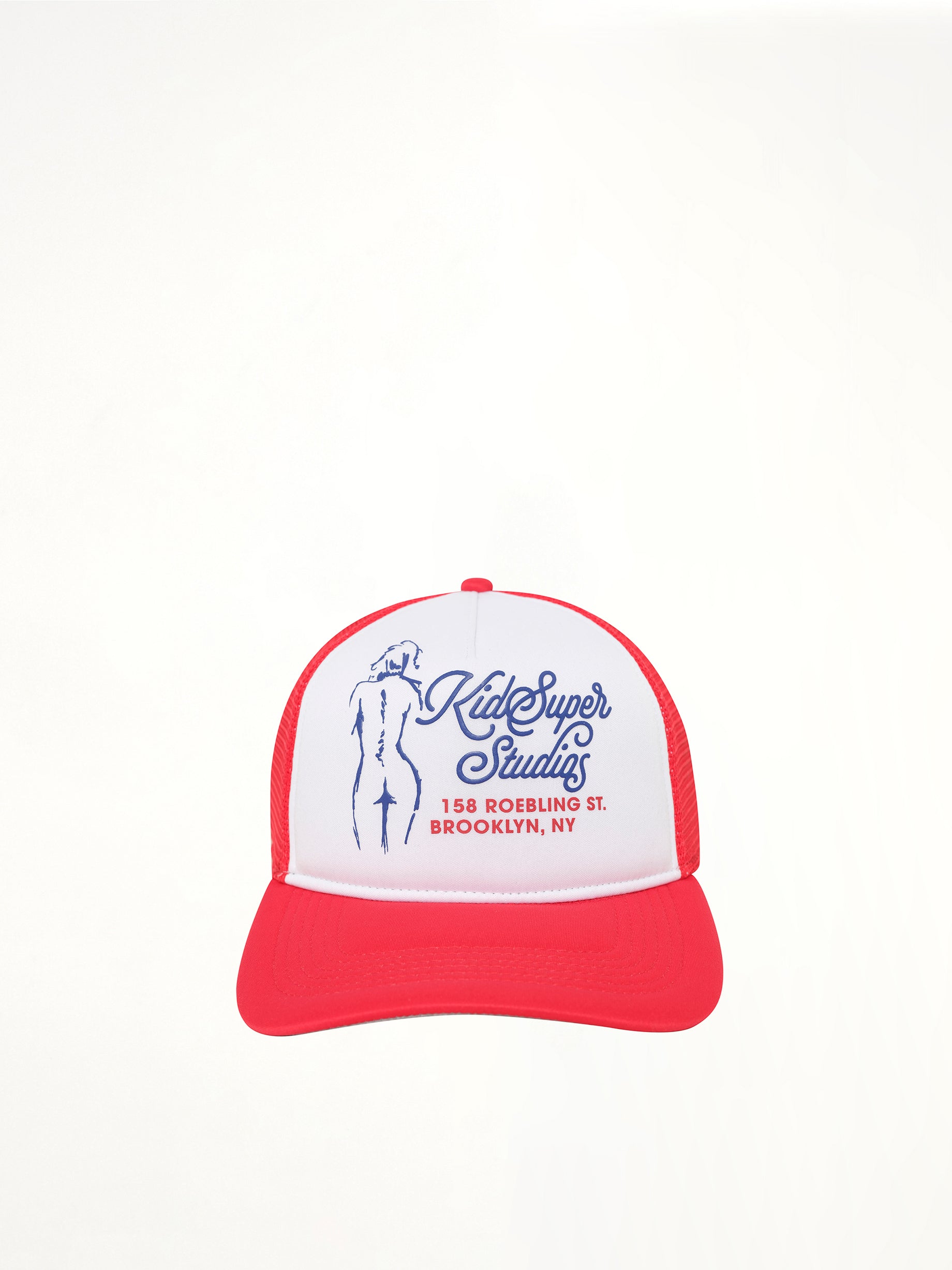 KIDSUPER Puff Print Trucker Hat in Red Front View from MARAIS