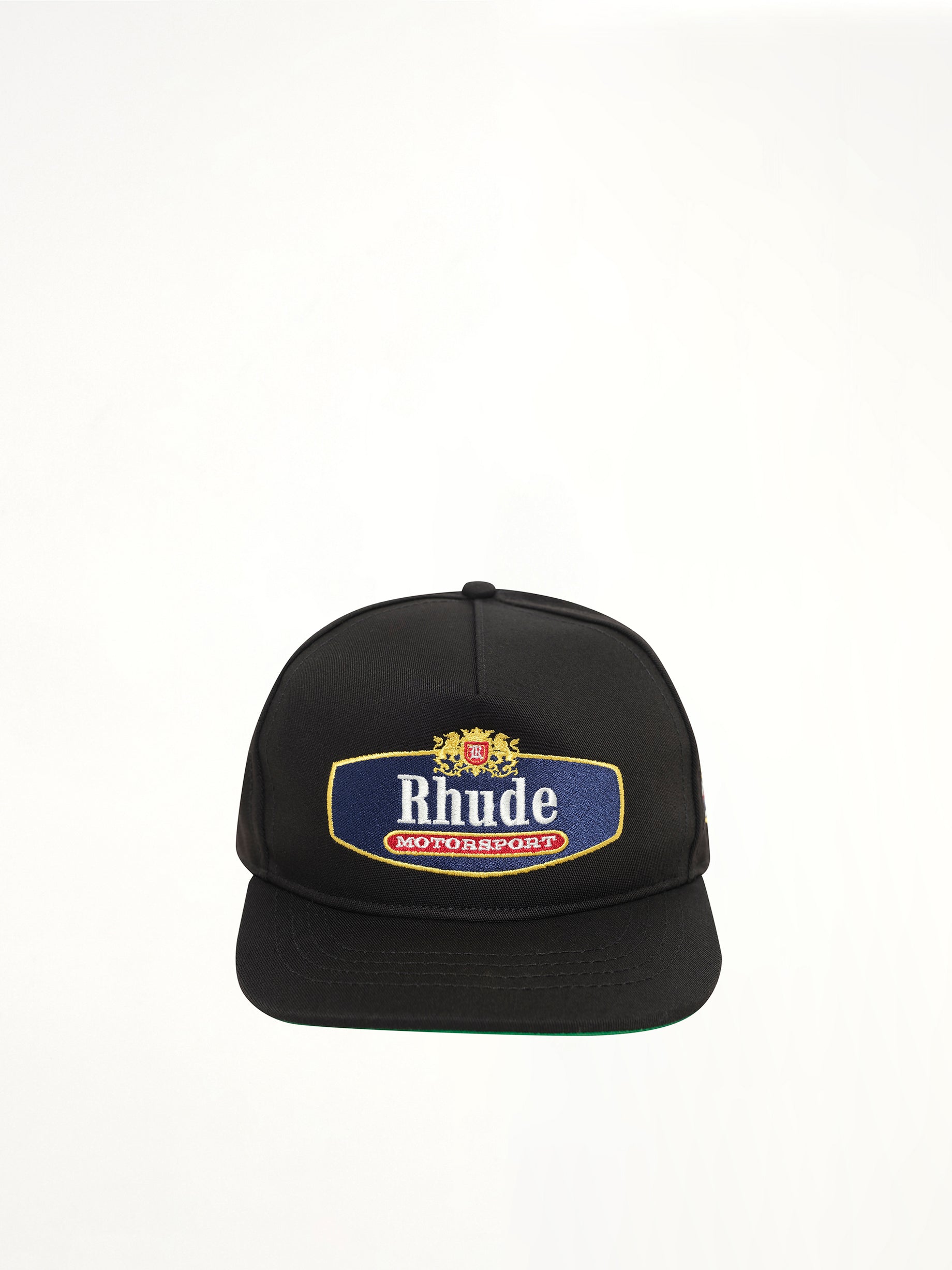 RHUDE Racing Crest Hat in Black/Navy Front View from MARAIS